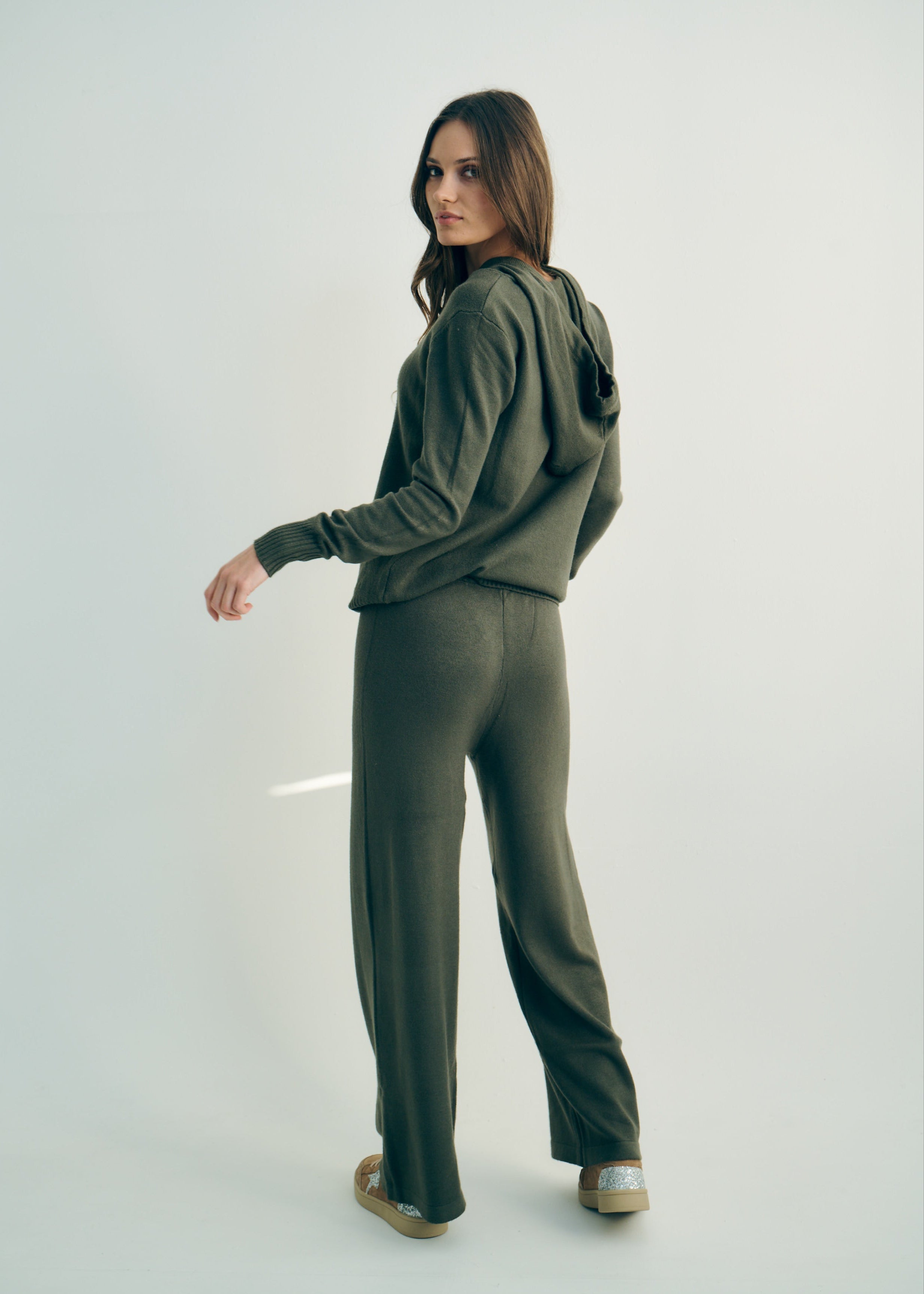 Cloud Knitted Viscose Hooded Set With Palazzo Pants In Khaki