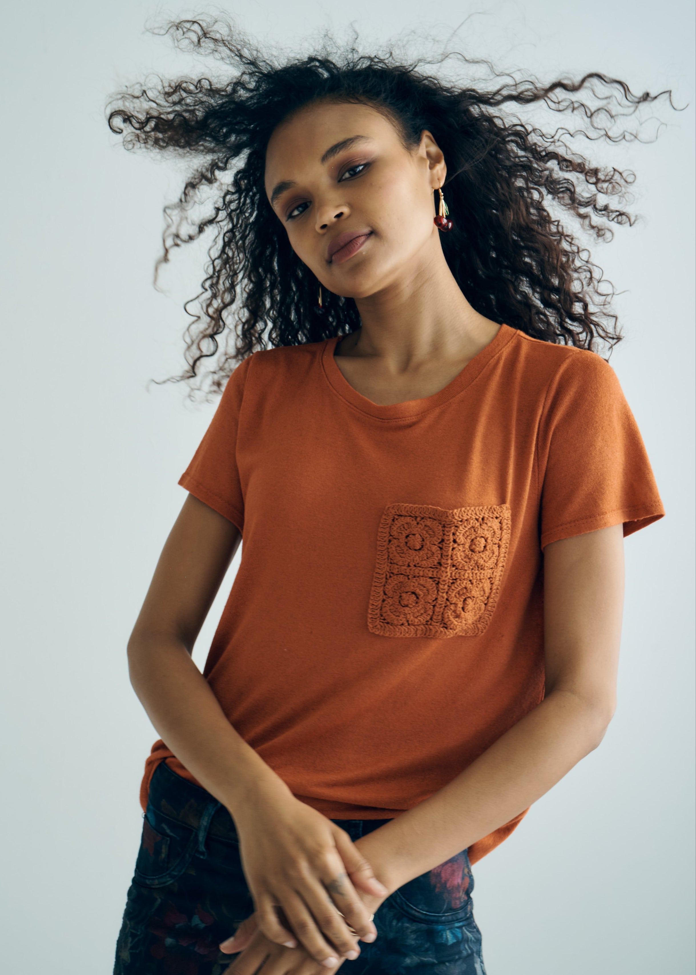 Italian Knitted Tee with Crochet Pocket in Rust