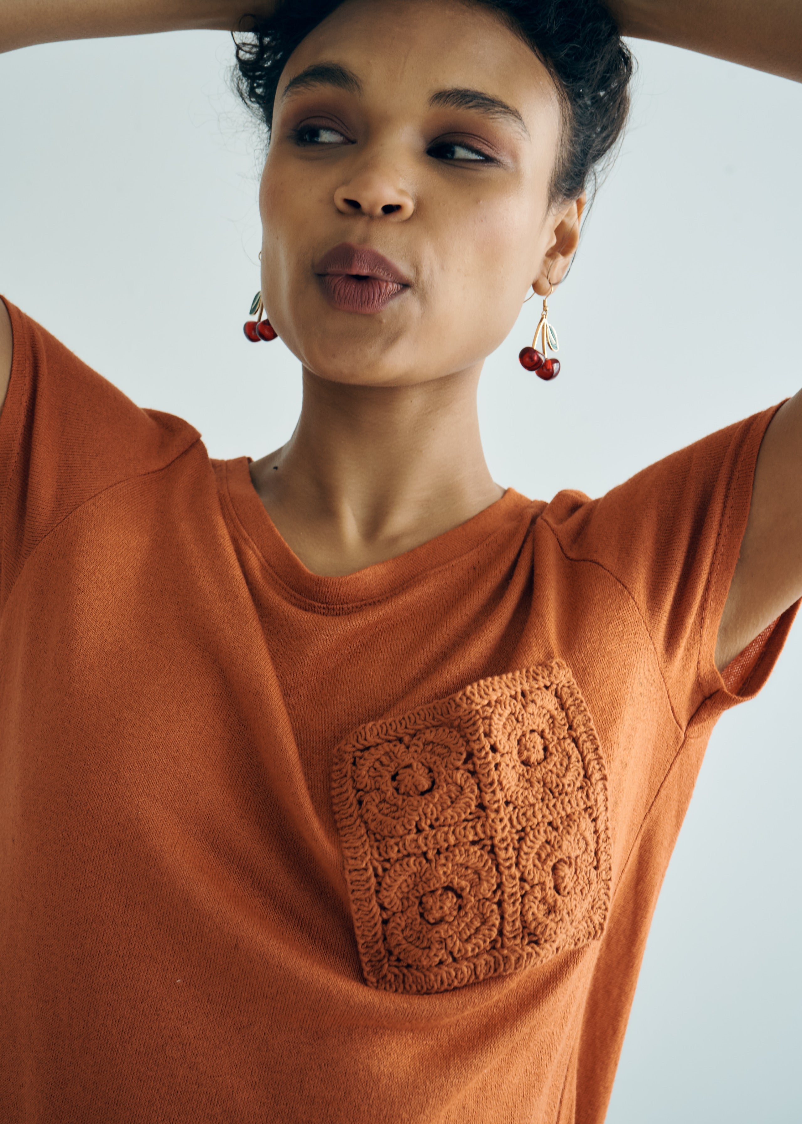 Italian Knitted Tee with Crochet Pocket in Rust