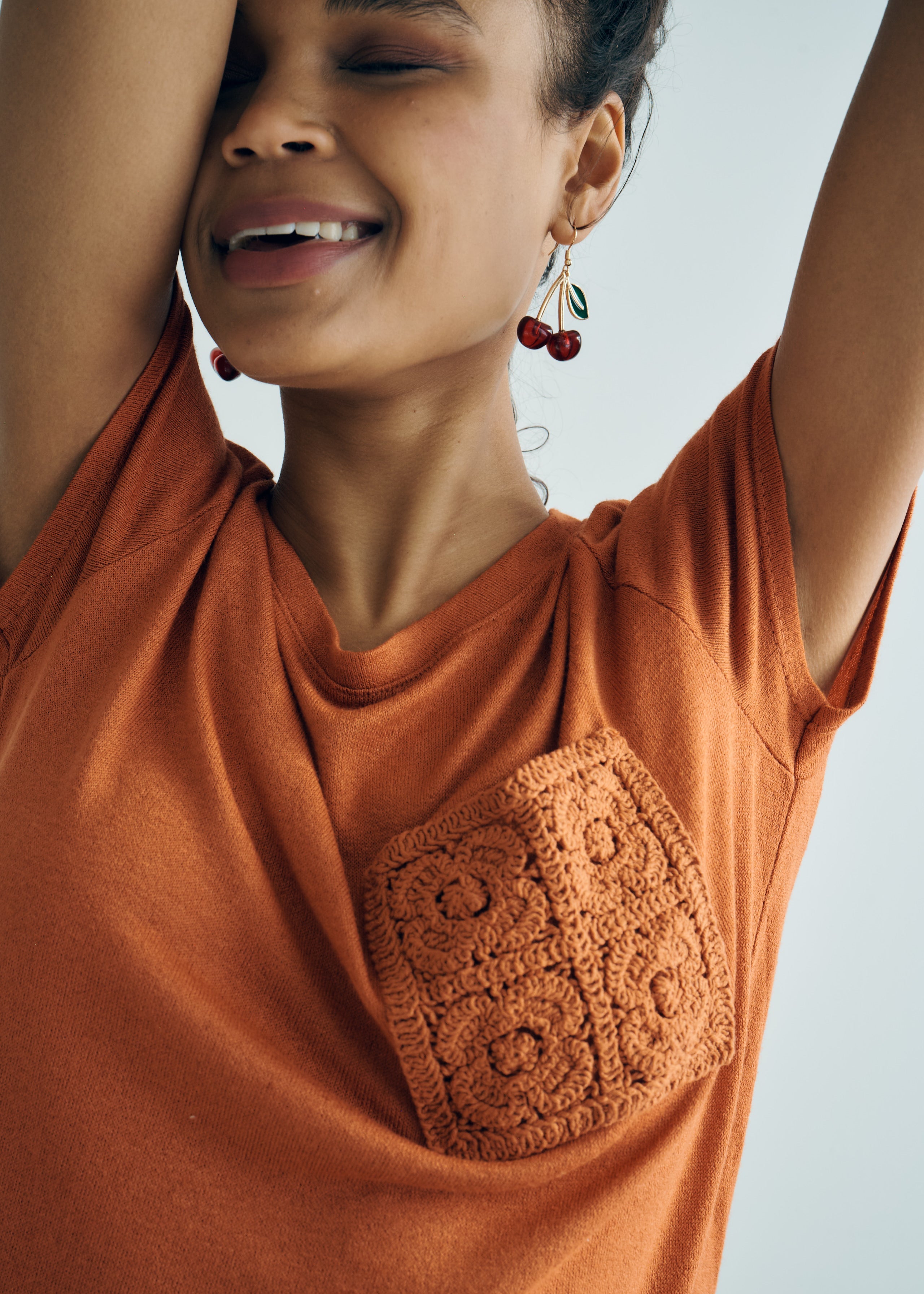 Italian Knitted Tee with Crochet Pocket in Rust