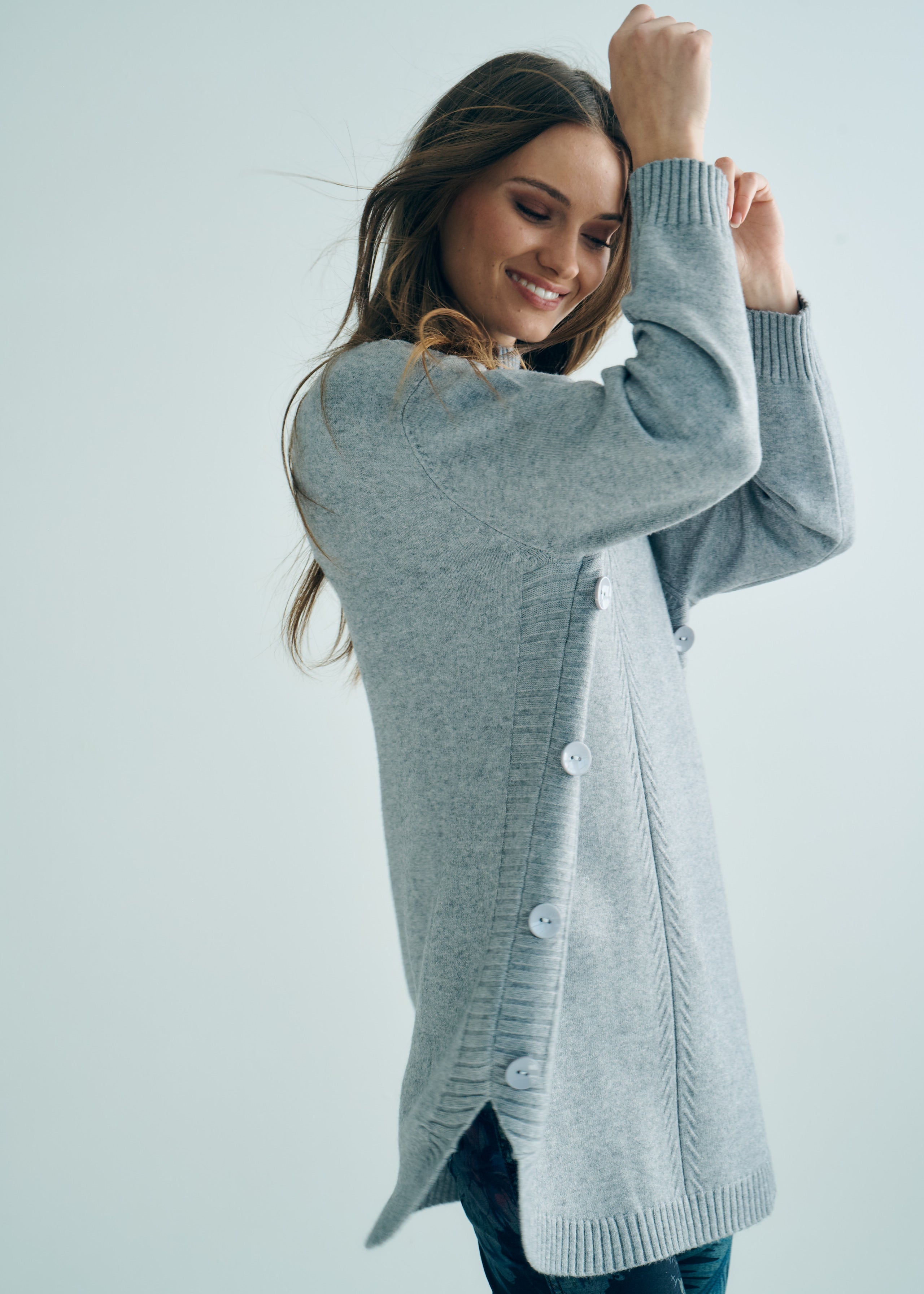 Audrey Knitted Viscose Tunic with Side Buttons in Grey