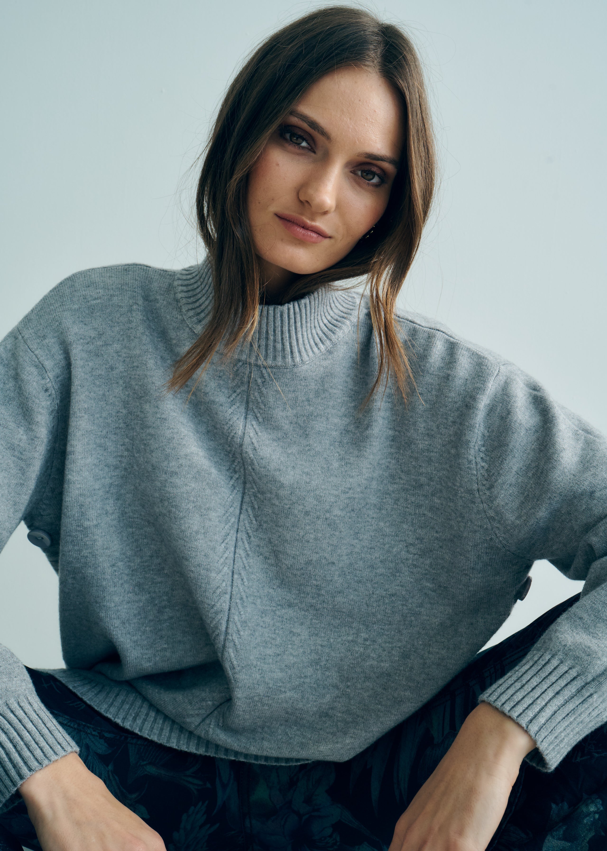 Audrey Knitted Viscose Tunic with Side Buttons in Grey