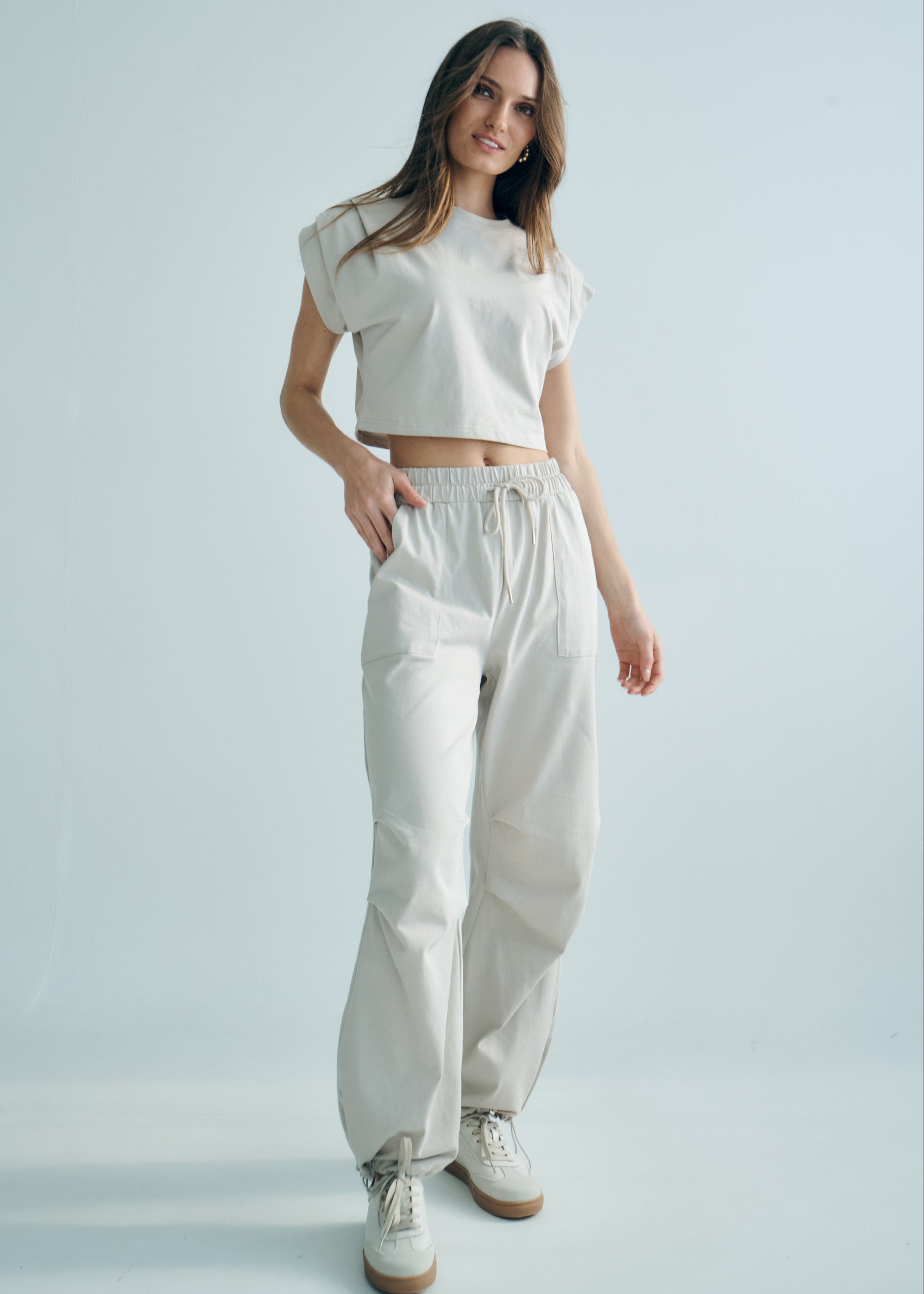Tokyo Cotton Track Set with Pleated Detail in Beige