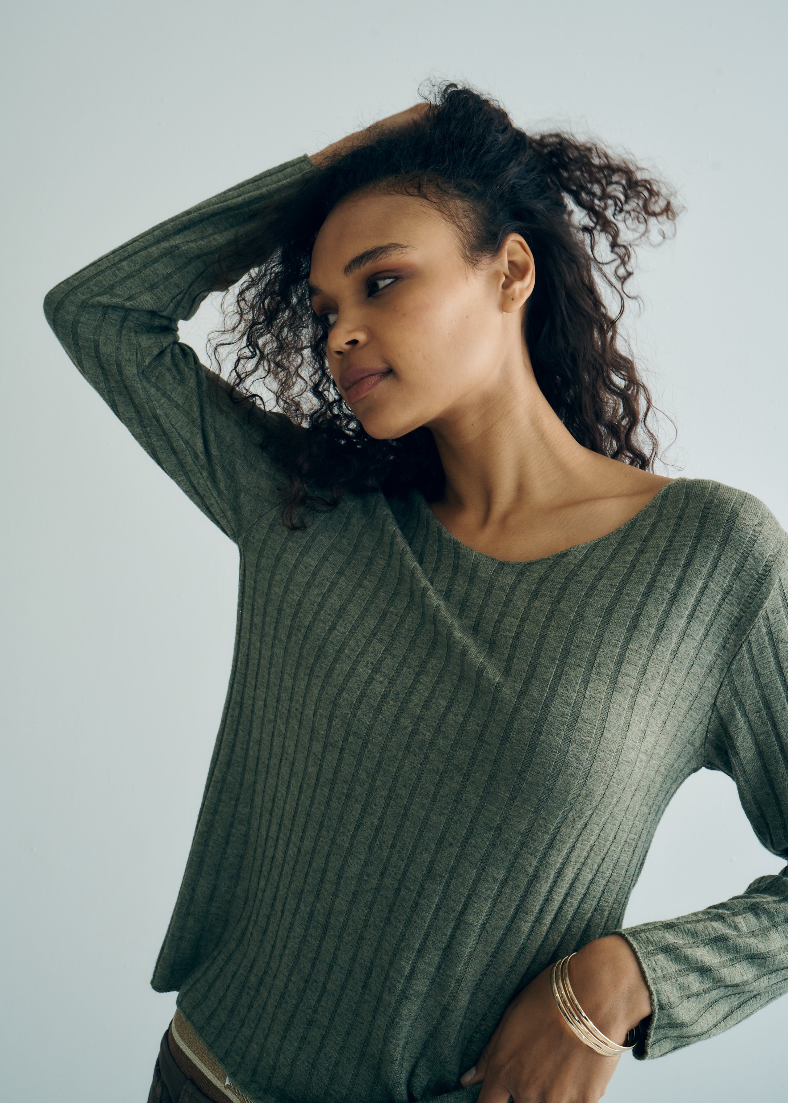 Italian V Neck Rib Knit in Khaki