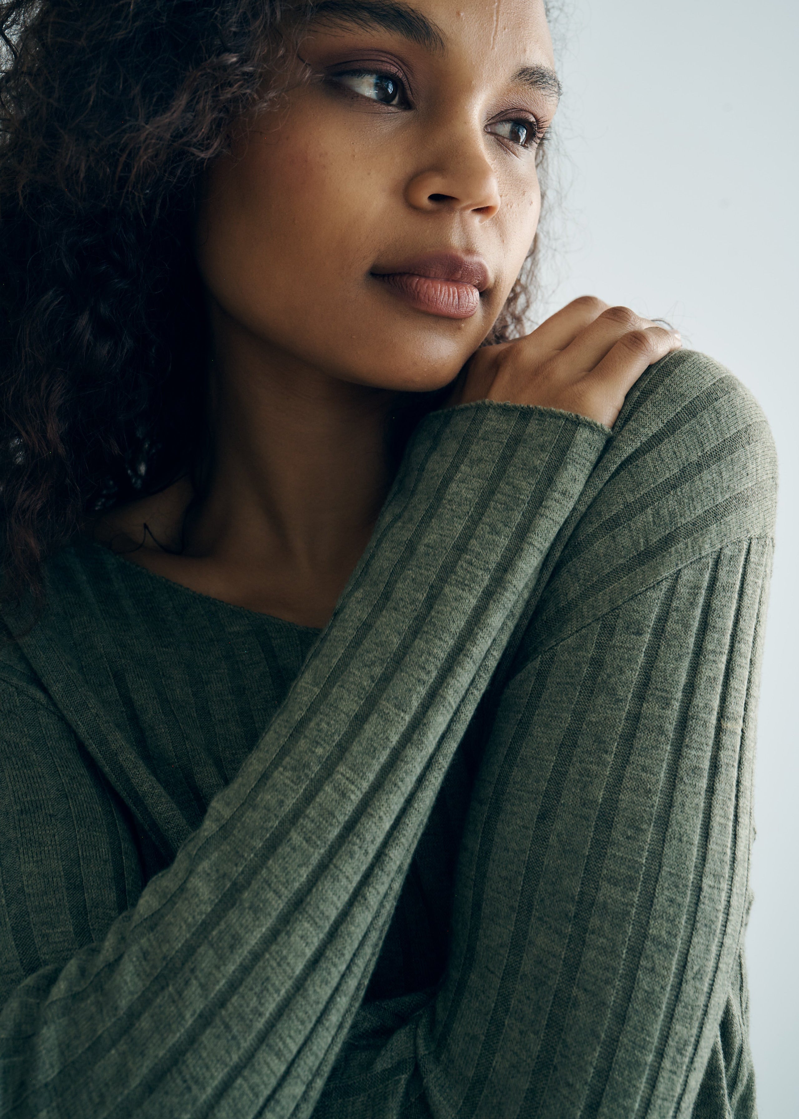 Italian V Neck Rib Knit in Khaki