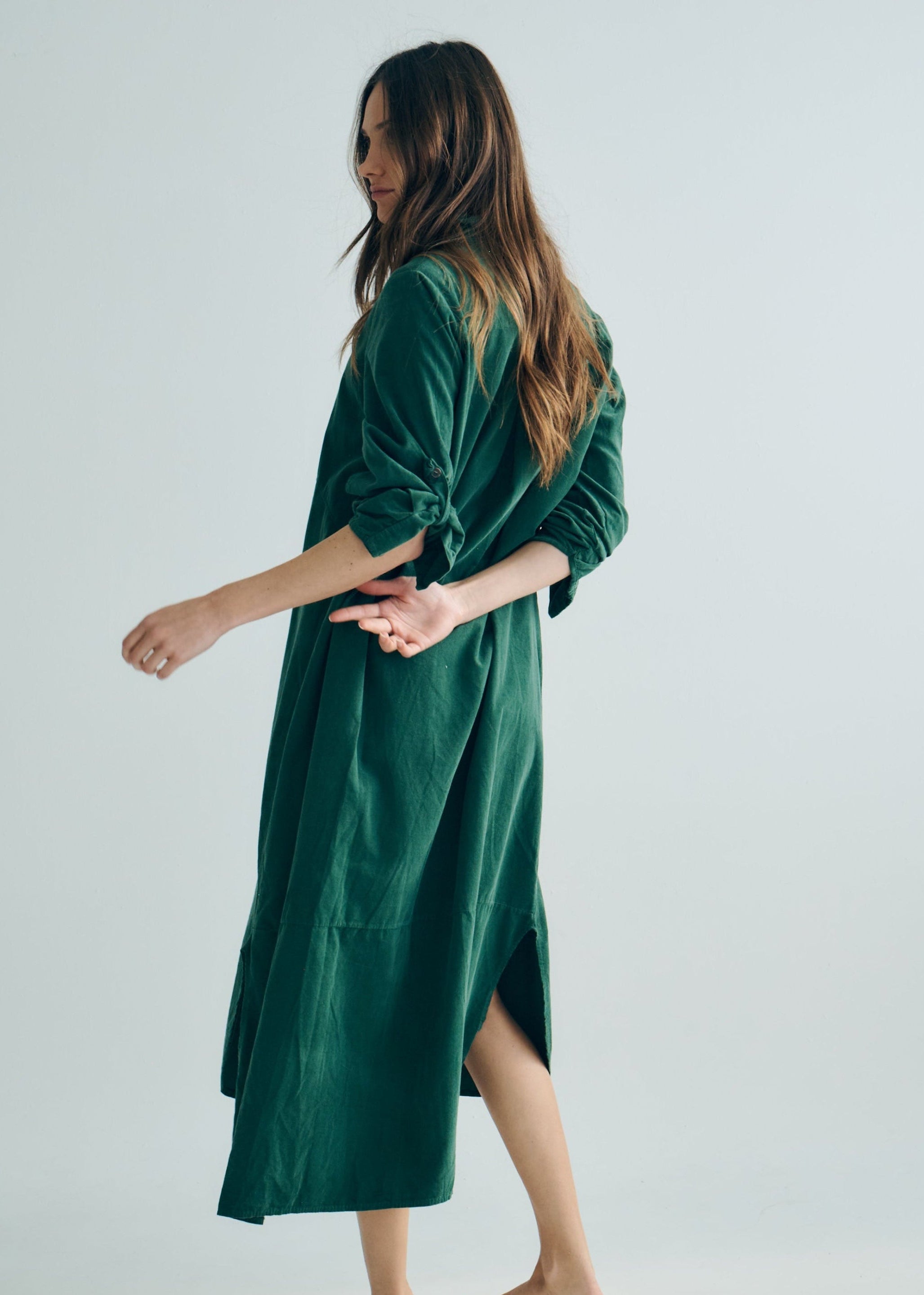 Roma Italian Velour Button up Dress in Bottle Green