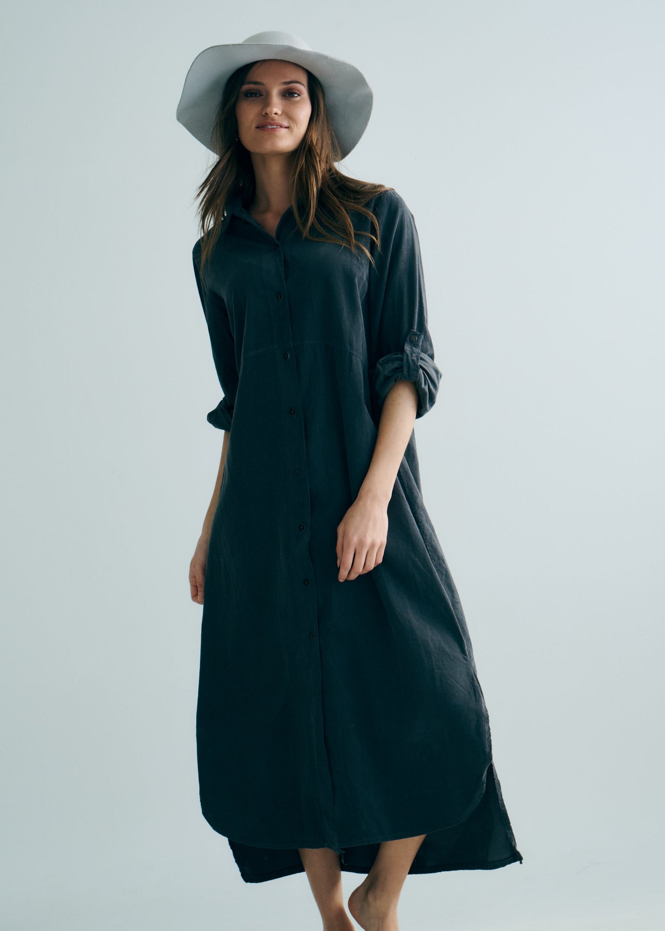 Roma Italian Velour Button up Dress in Gunmetal