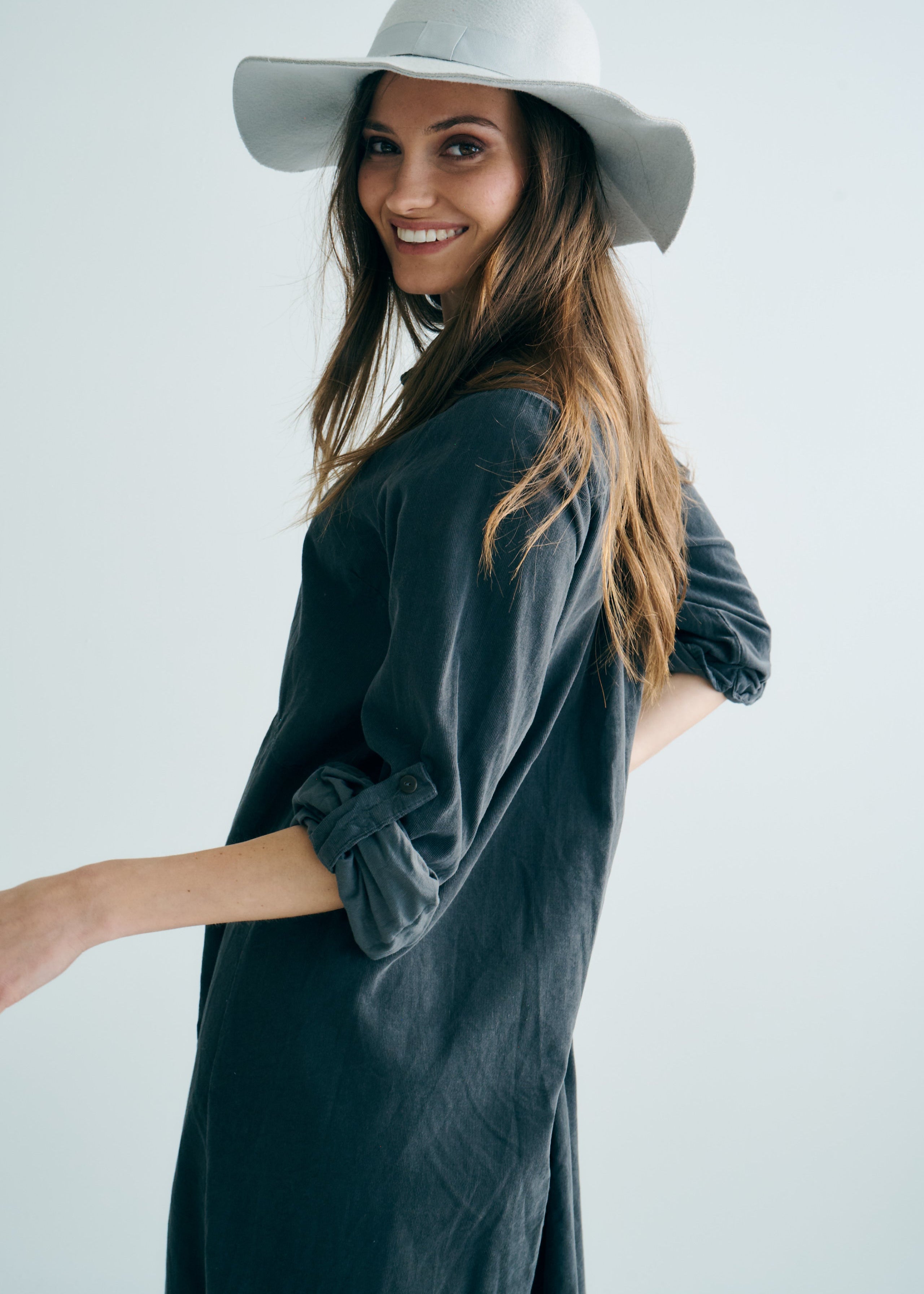 Roma Italian Velour Button up Dress in Gunmetal
