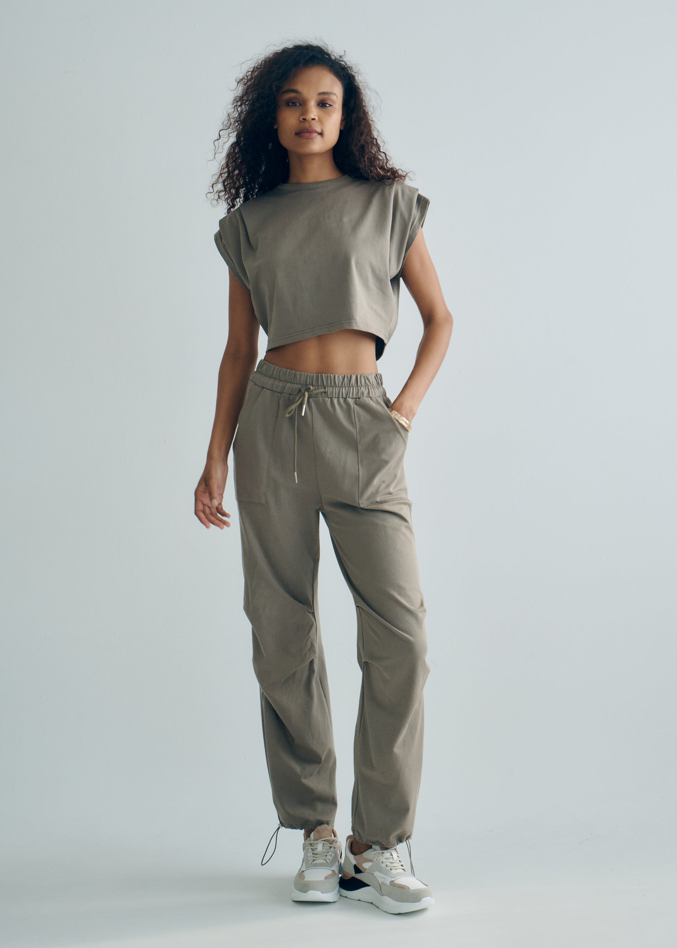 Tokyo Cotton Track Set with Pleated Detail in Khaki