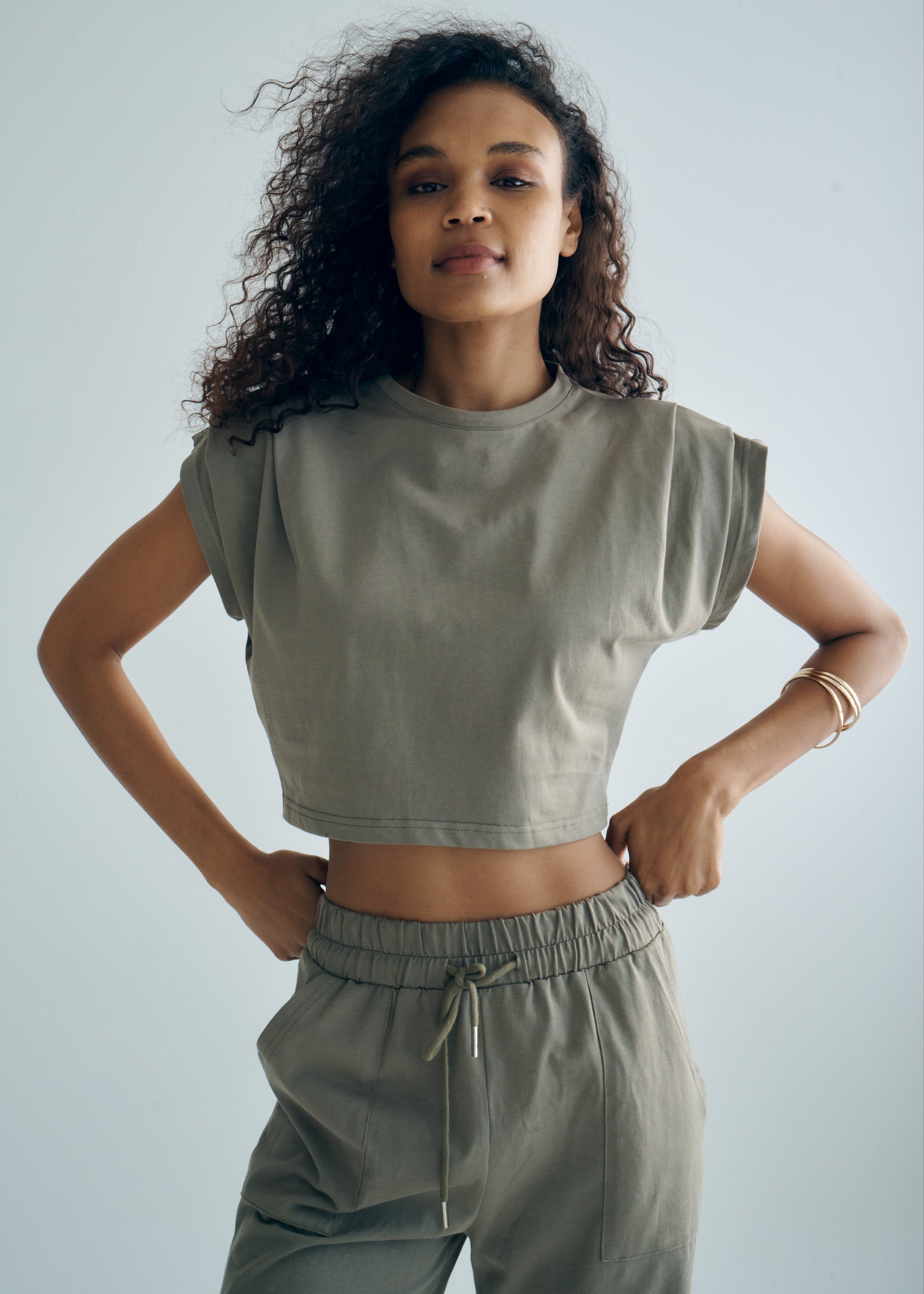 Tokyo Cotton Track Set with Pleated Detail in Khaki
