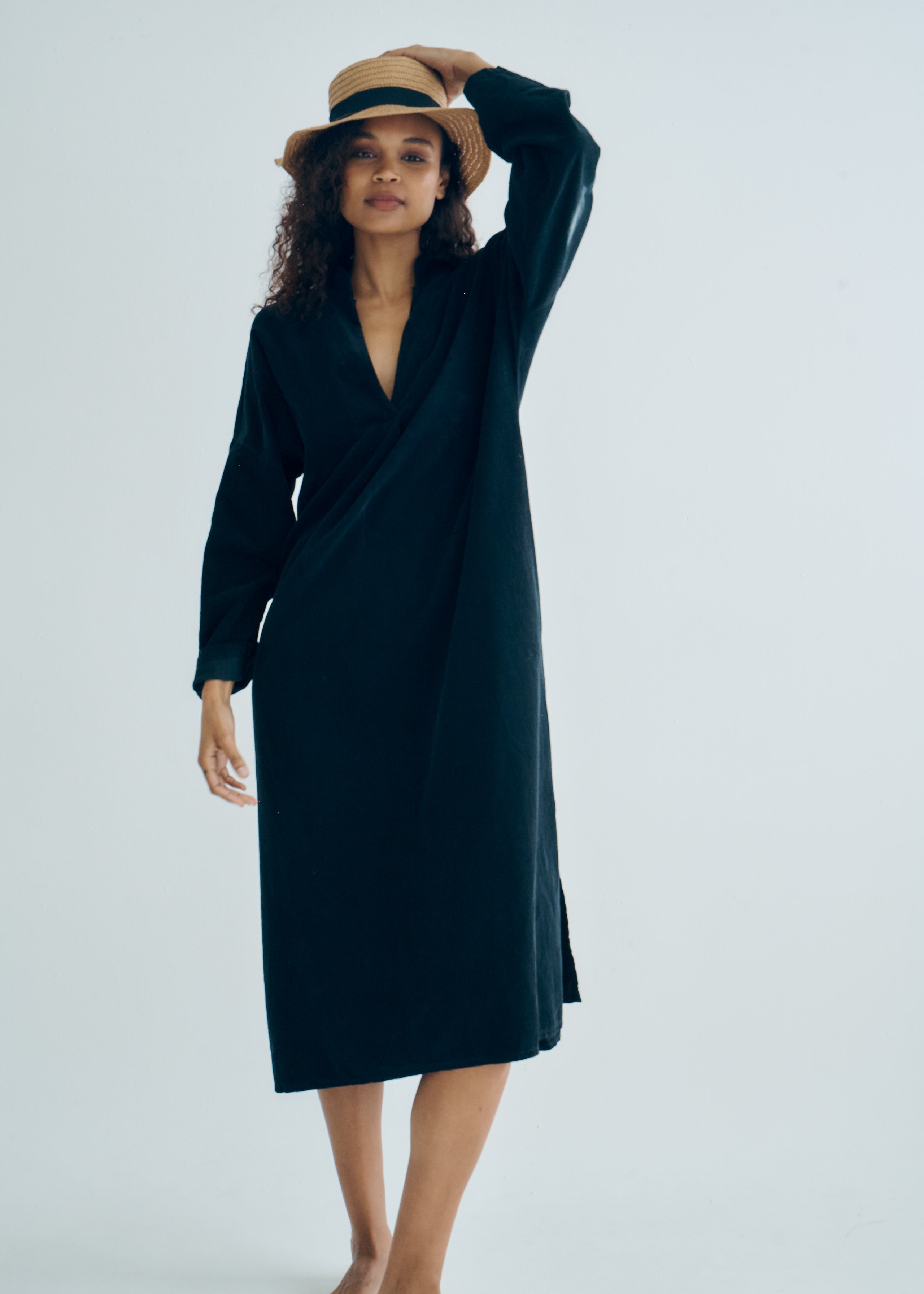 Stella Italian Velour Deep V Neck Dress in Black