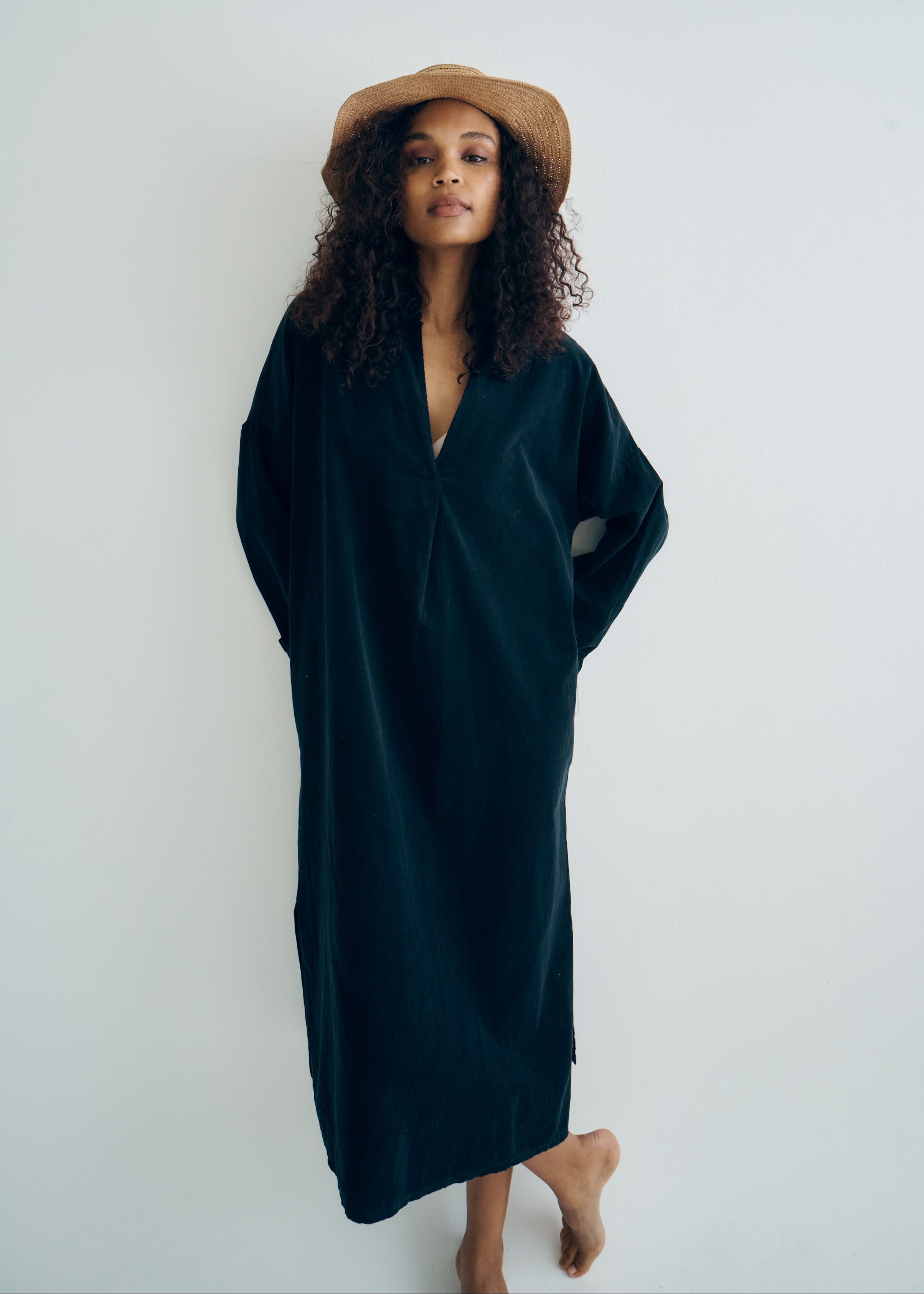 Stella Italian Velour Deep V Neck Dress in Black