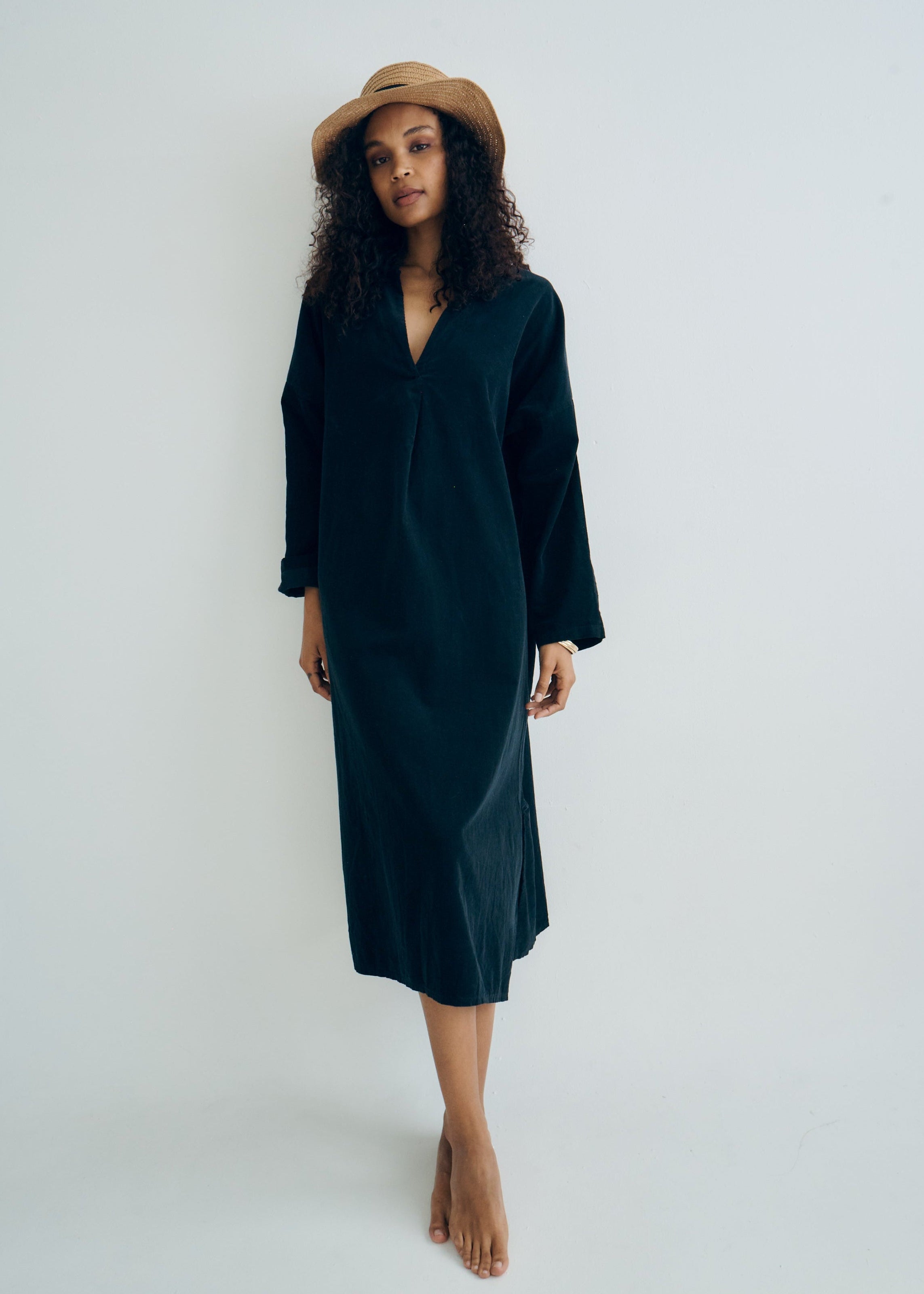 Stella Italian Velour Deep V Neck Dress in Black