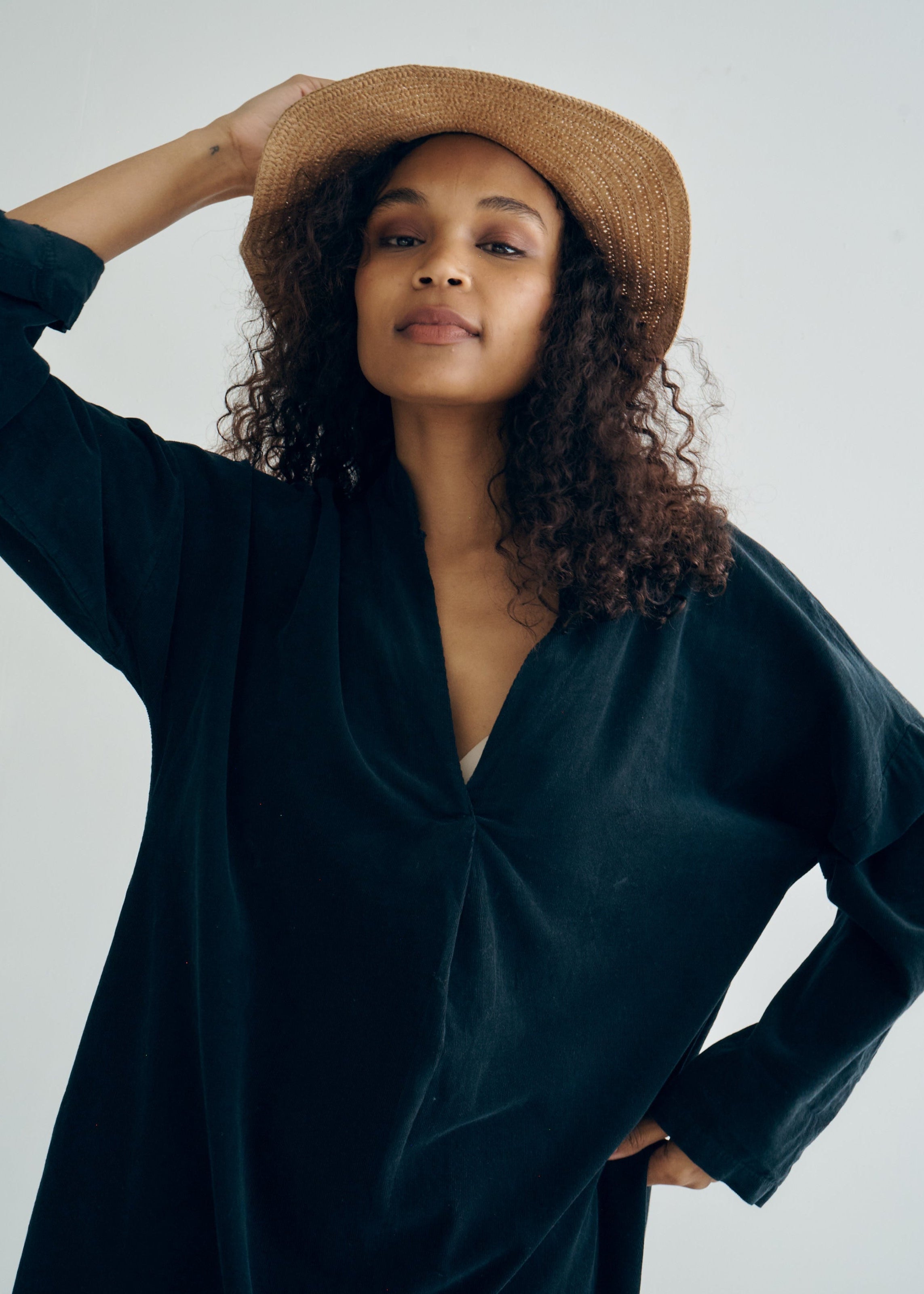 Stella Italian Velour Deep V Neck Dress in Black