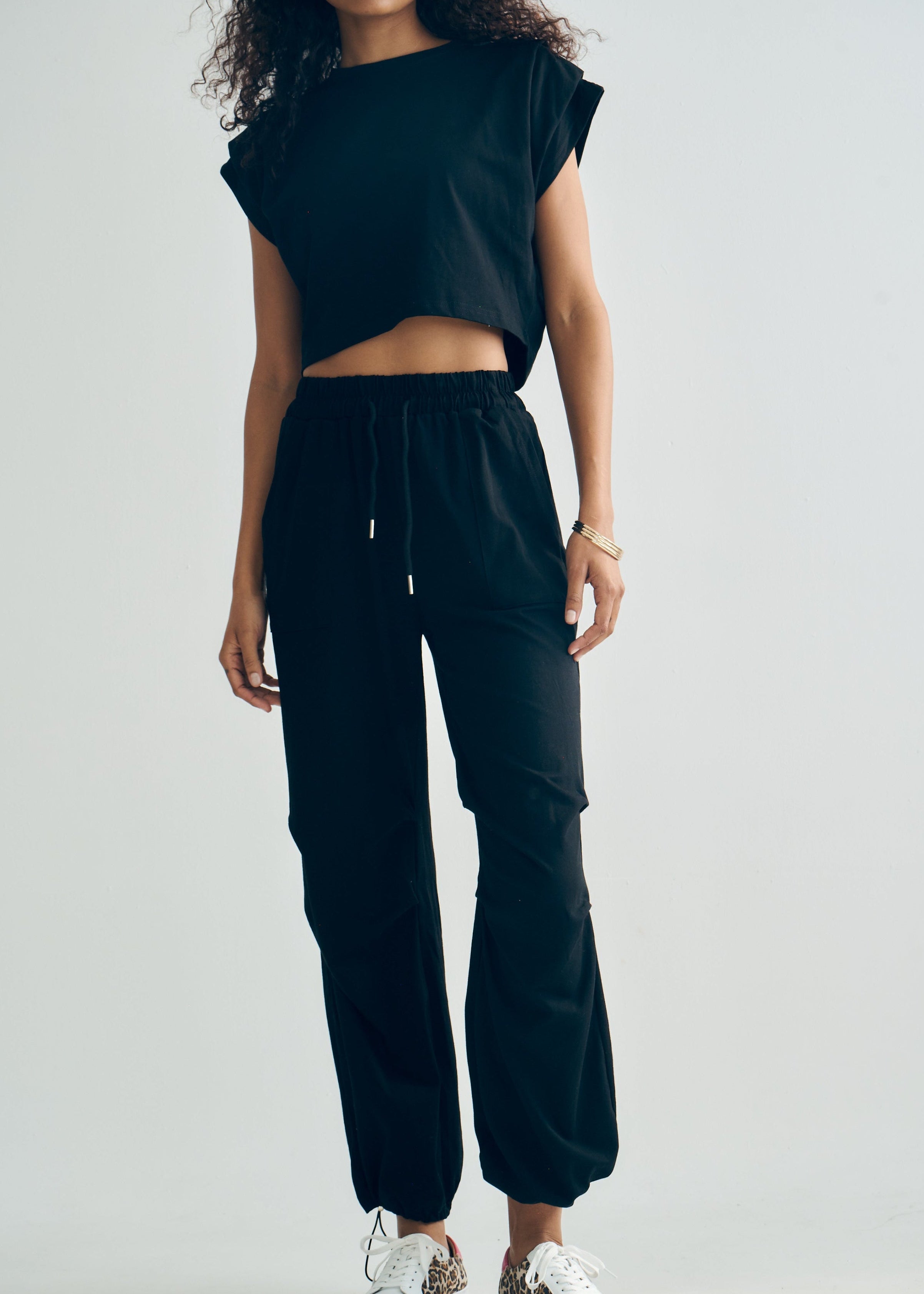 Tokyo Cotton Track Set with Pleated Detail in Black
