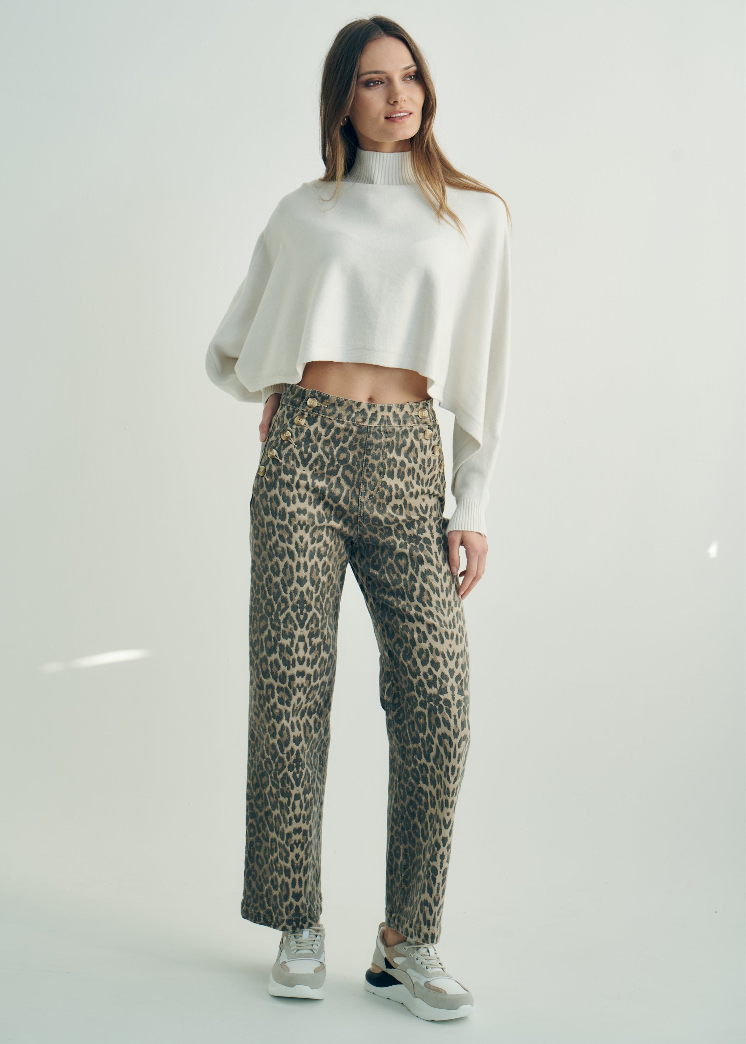 High-Waisted Wide Leg Relaxed Fit Jeans with Front Buttons in Animal Print