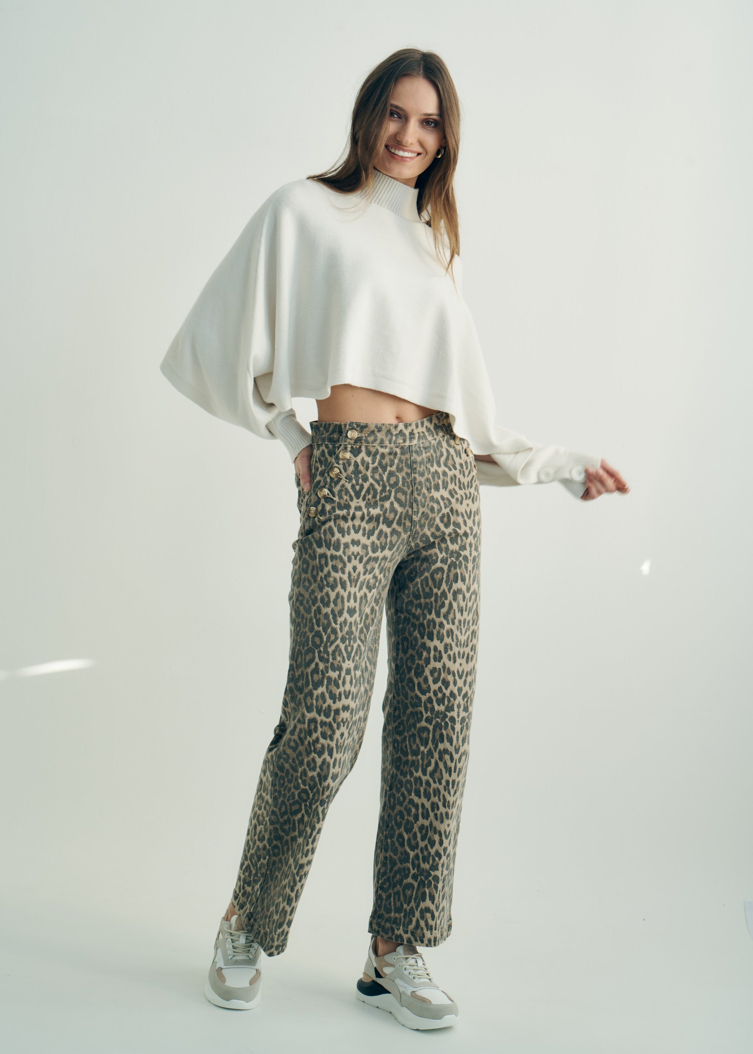High-Waisted Wide Leg Relaxed Fit Jeans with Front Buttons in Animal Print