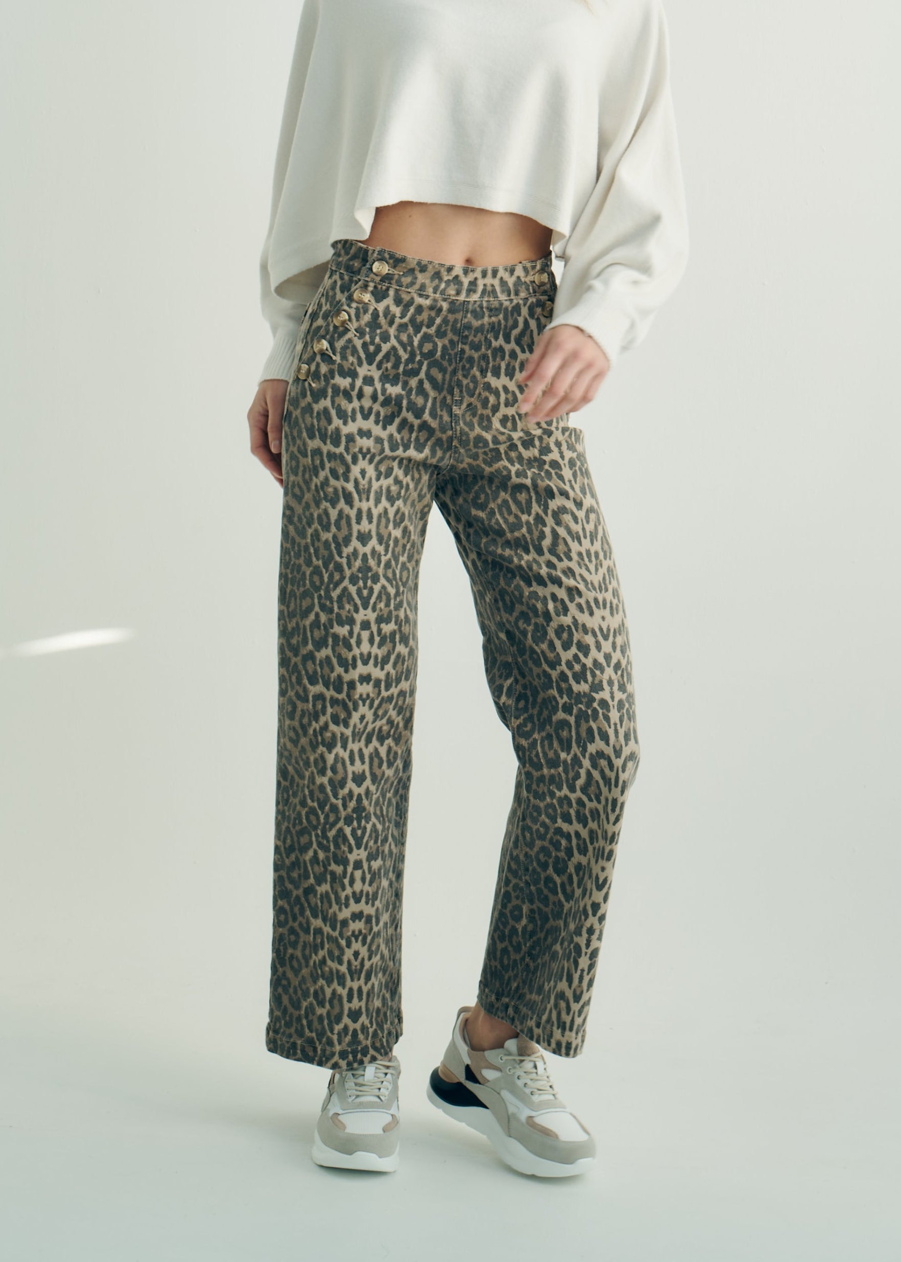 High-Waisted Wide Leg Relaxed Fit Jeans with Front Buttons in Animal Print