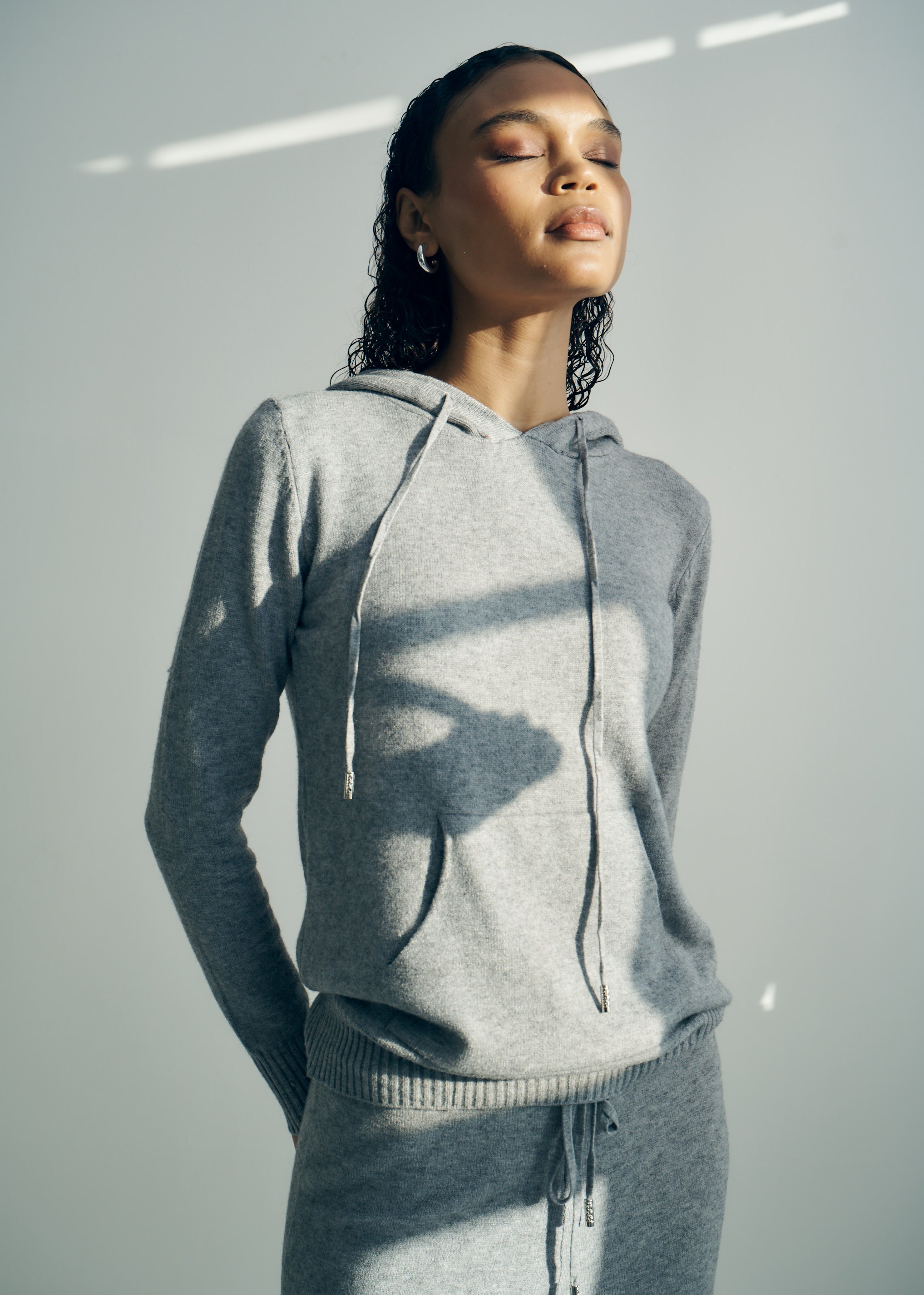 Cloud Knitted Viscose Hooded Set With Palazzo Pants In Grey
