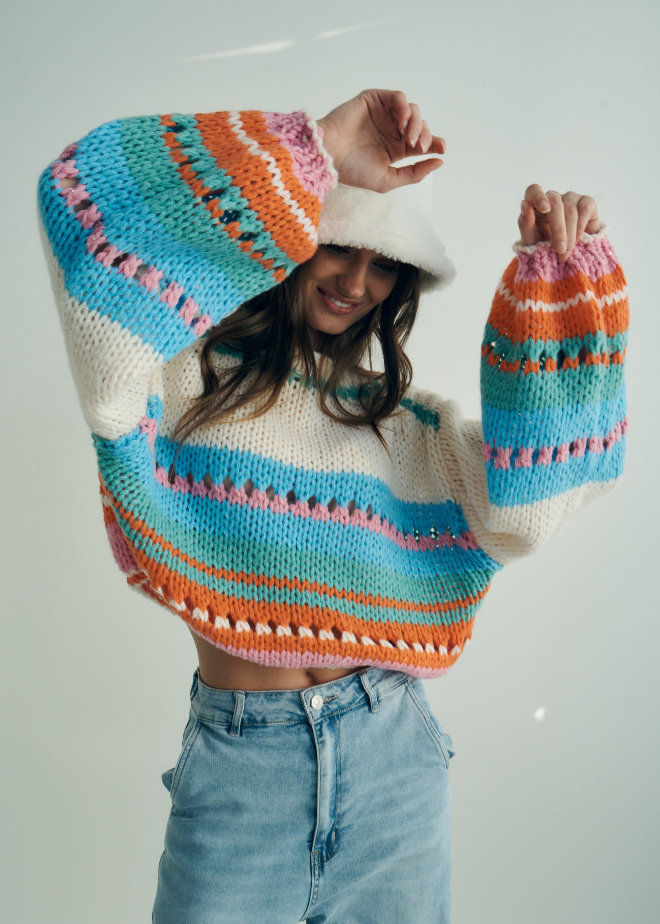 Chunky Beige Knit with Turquoise and Pink