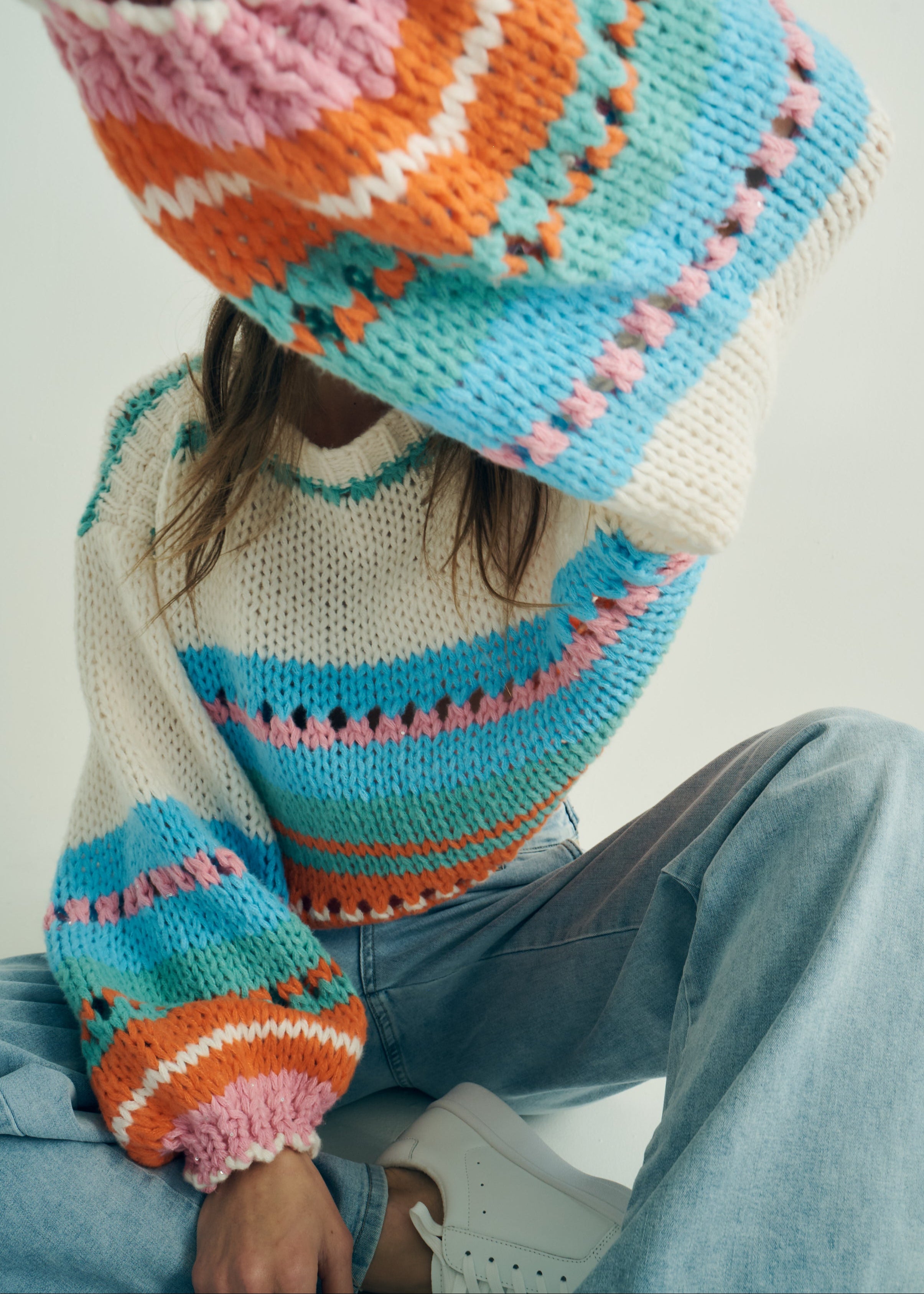 Chunky Beige Knit with Turquoise and Pink