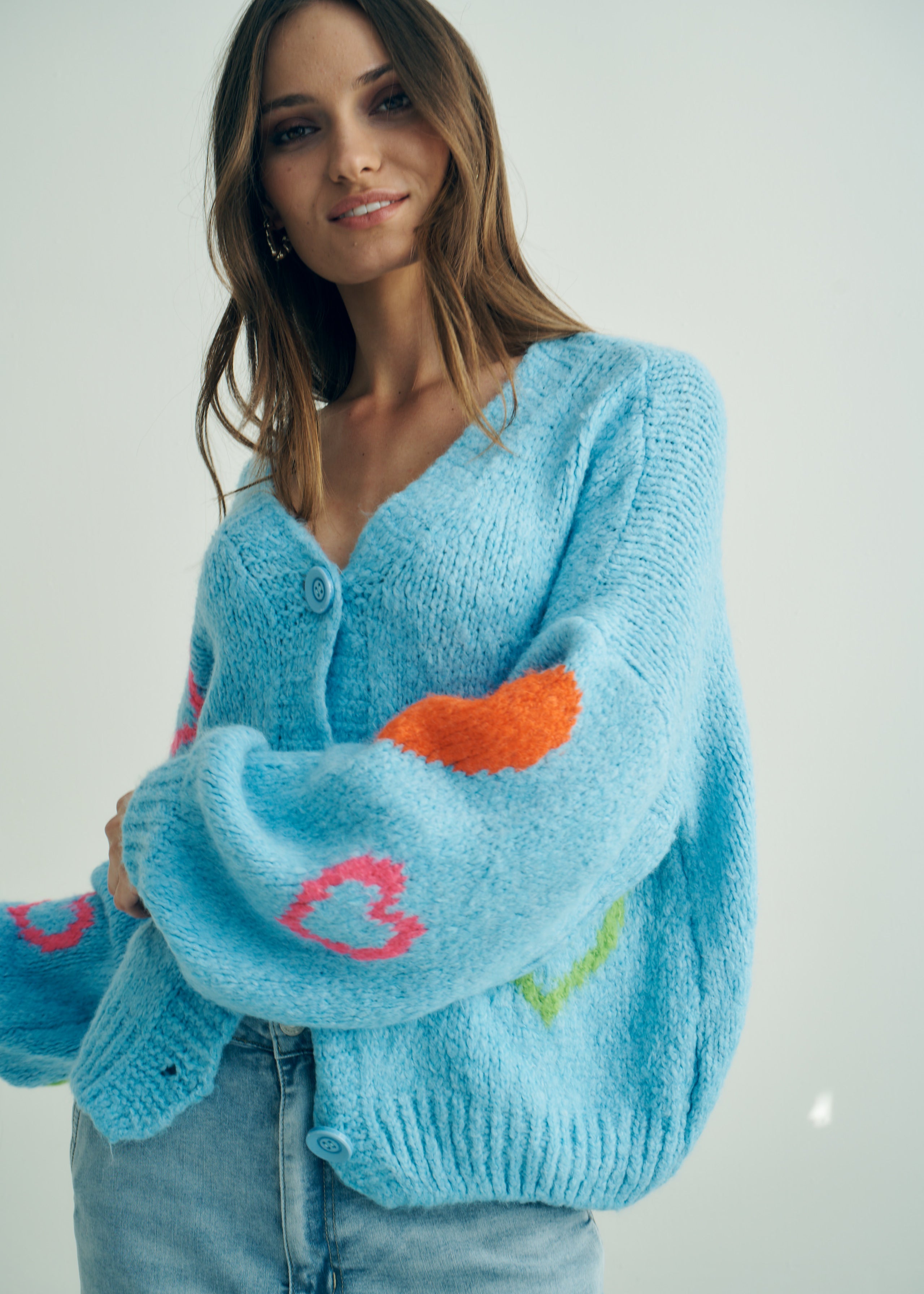 Keiko Italian Chunky Knit Cardigan with Colourful Hearts in Sky Blue