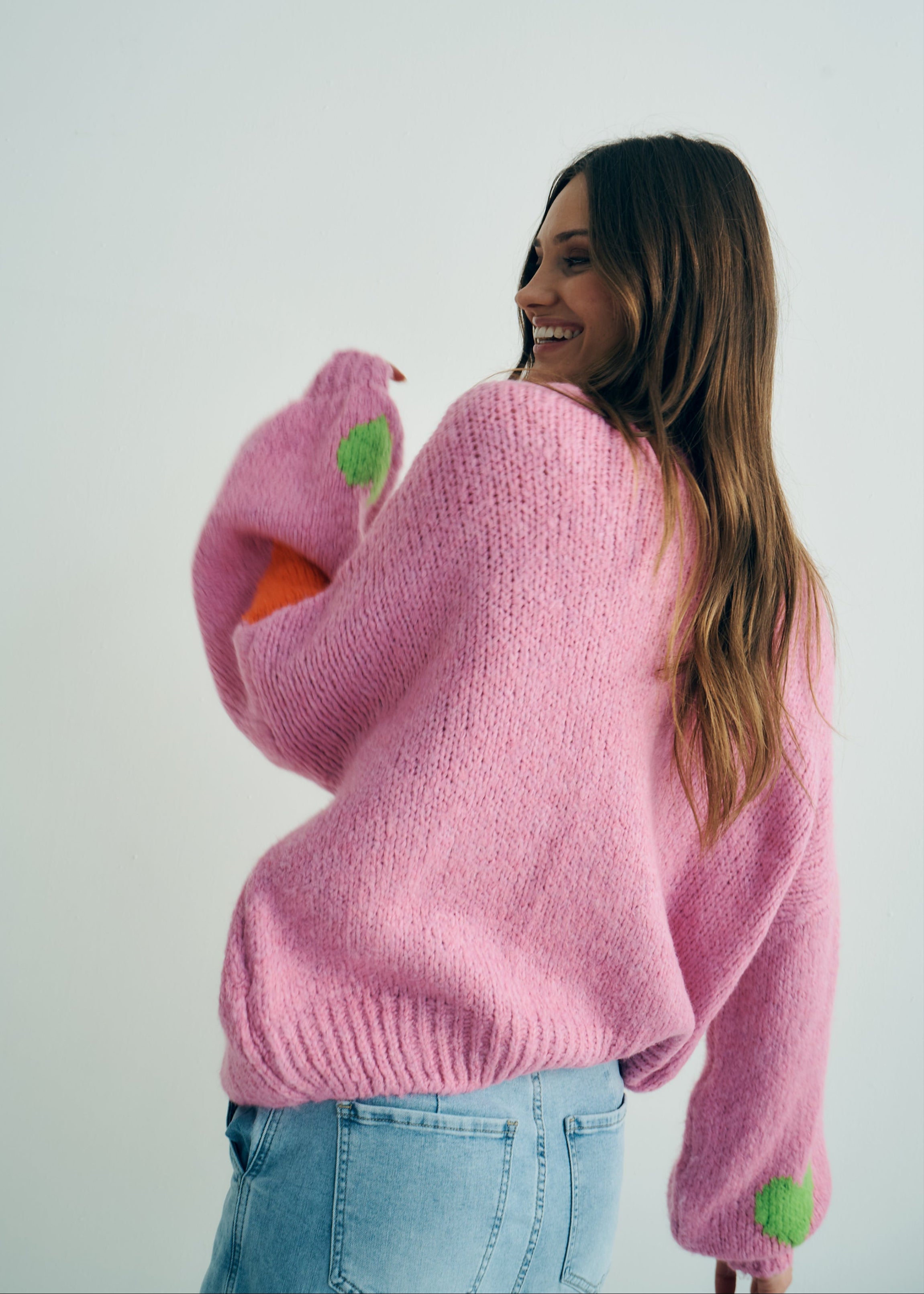 Keiko Italian Chunky Knit Cardigan with Colourful Hearts in Pink