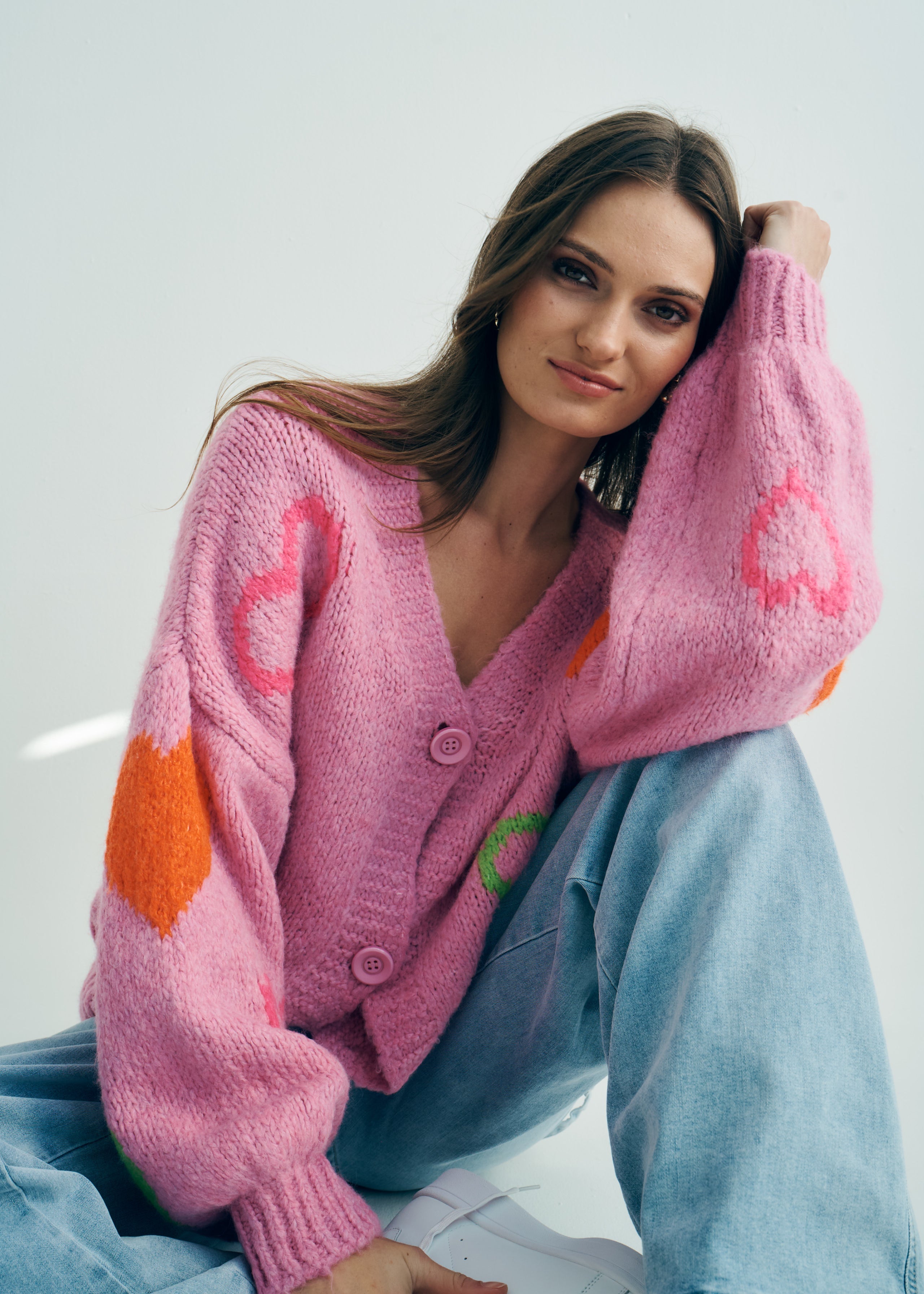 Keiko Italian Chunky Knit Cardigan with Colourful Hearts in Pink