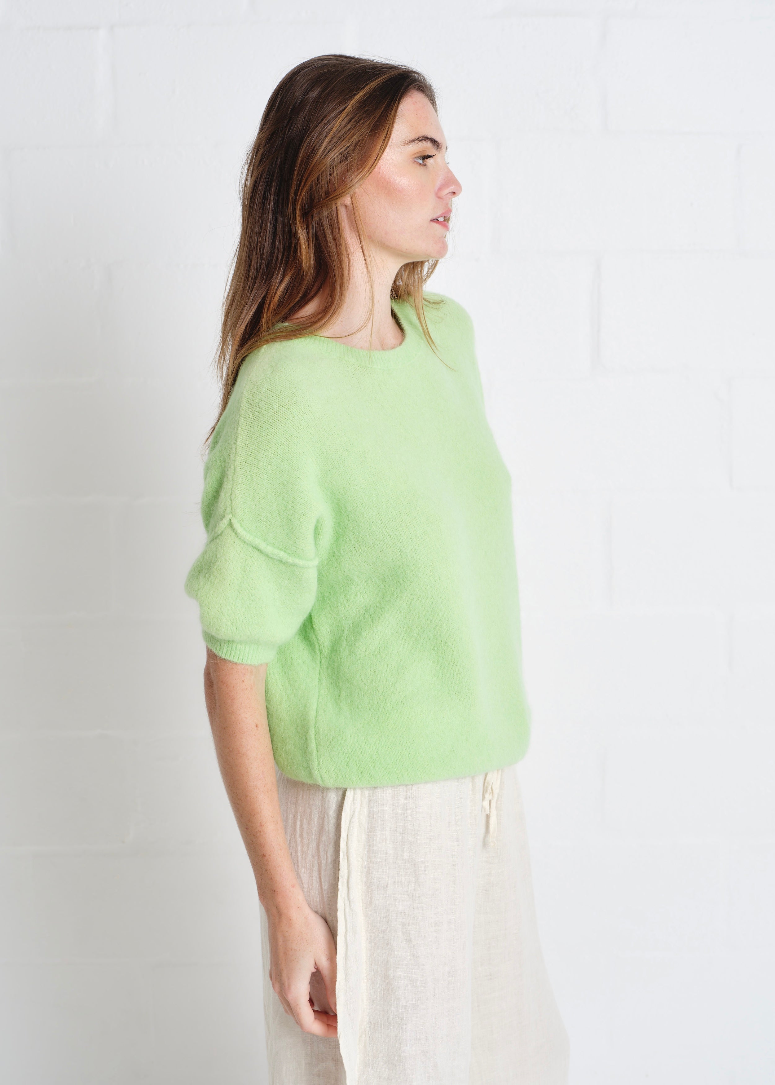 Dolly SS Round Neck Knit In Lime Green