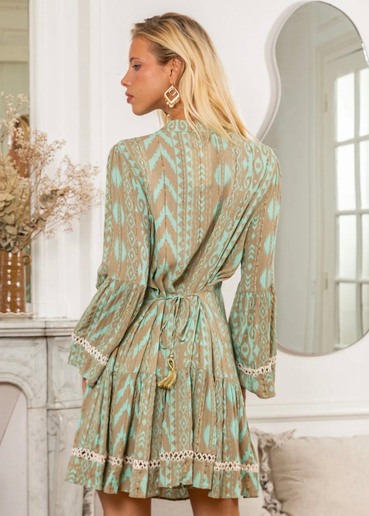 Helena Short Bohemian Dress with Tassels in Seagreen