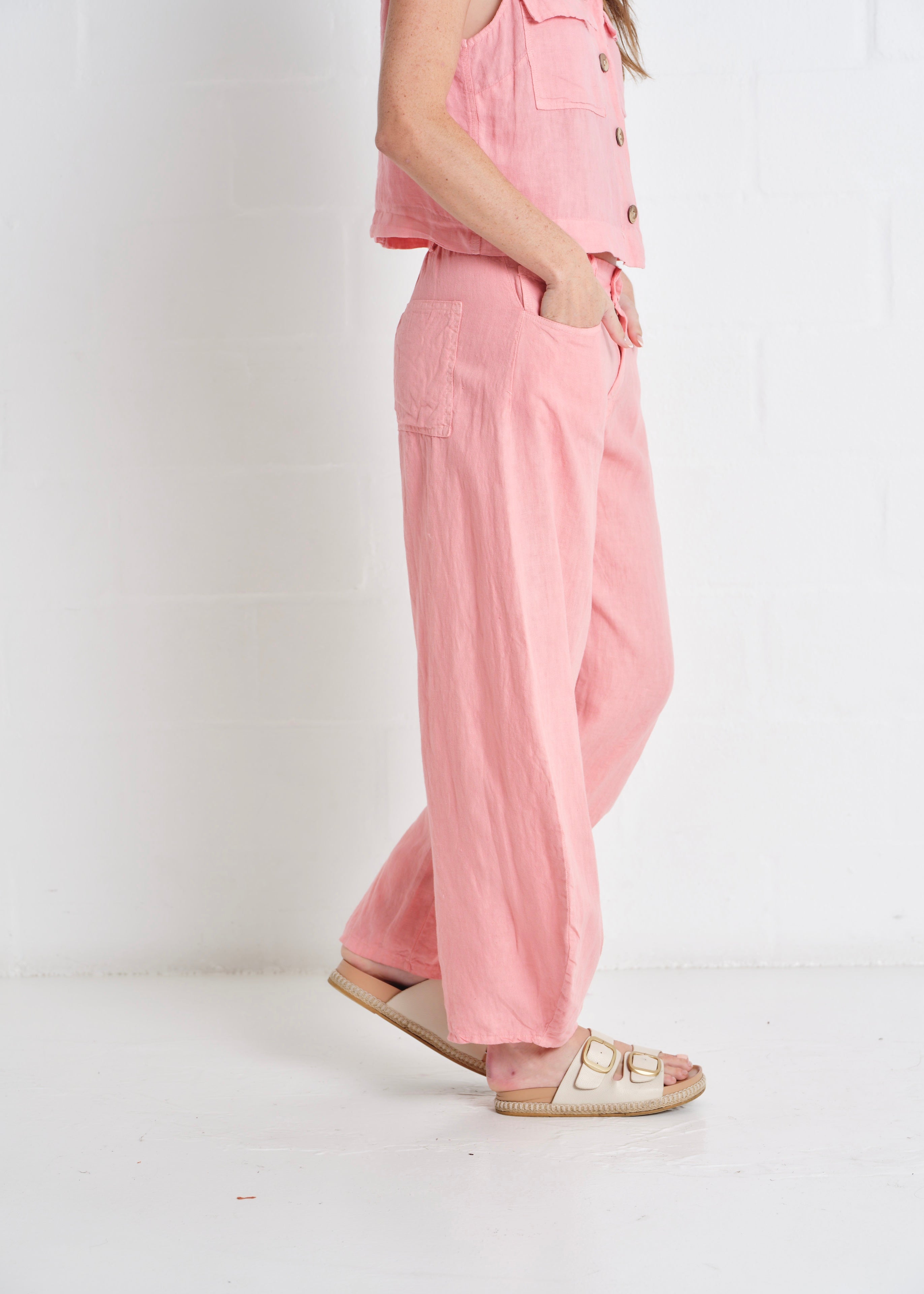 Positano Italian Linen Barrel Pants in Guava Pink