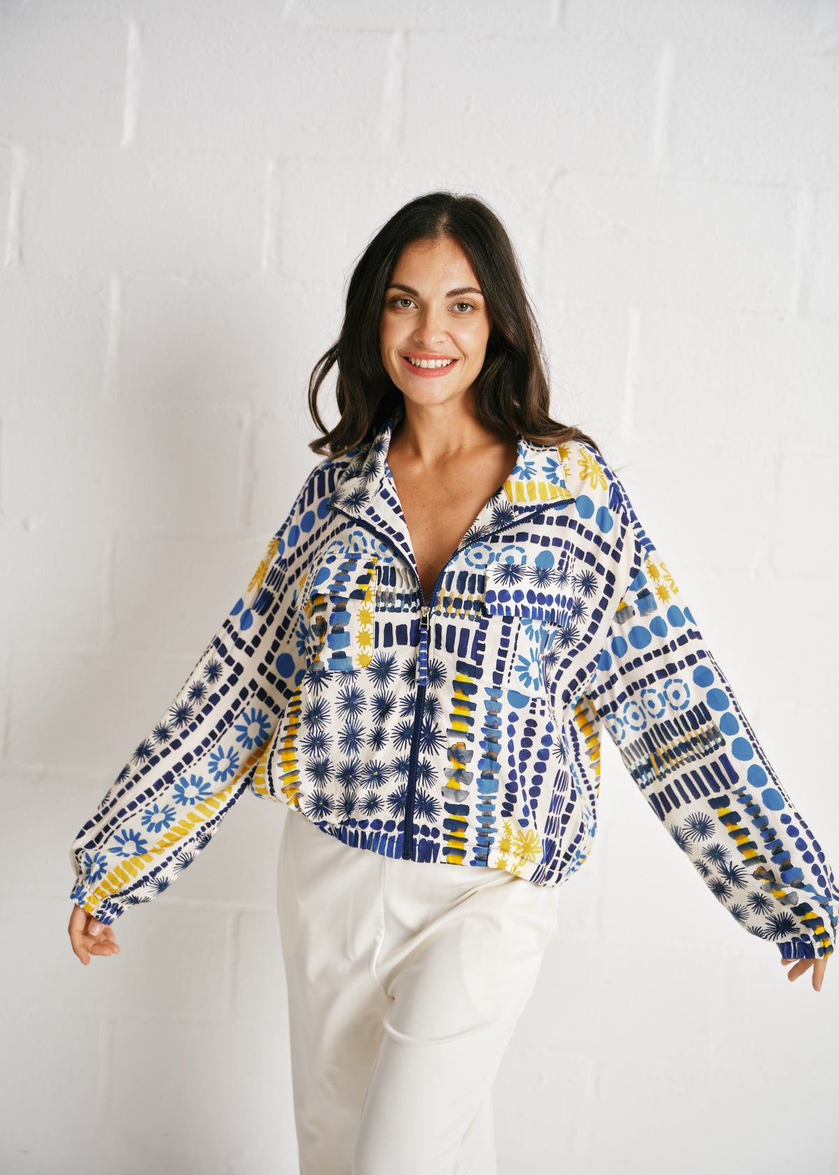 The Brushstroke Bomber Jacket With Abstract Print In Cream