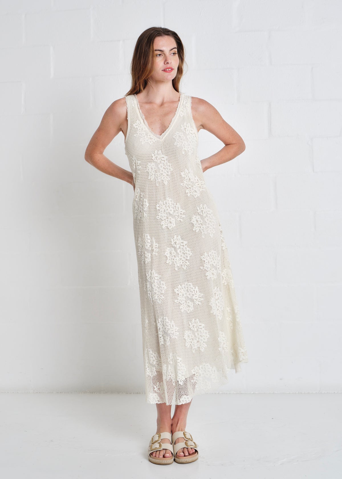 Antigua Crochet Maxi V neck Dress In Cream