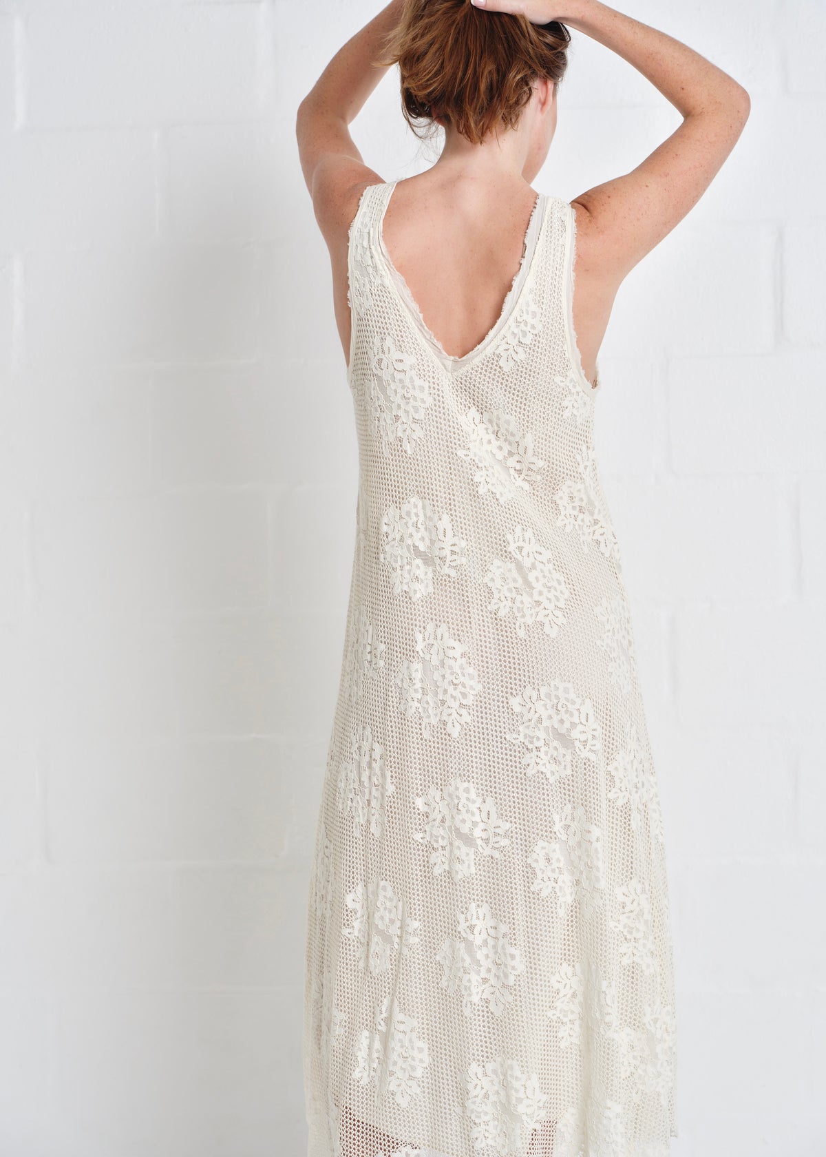 Antigua Crochet Maxi V neck Dress In Cream