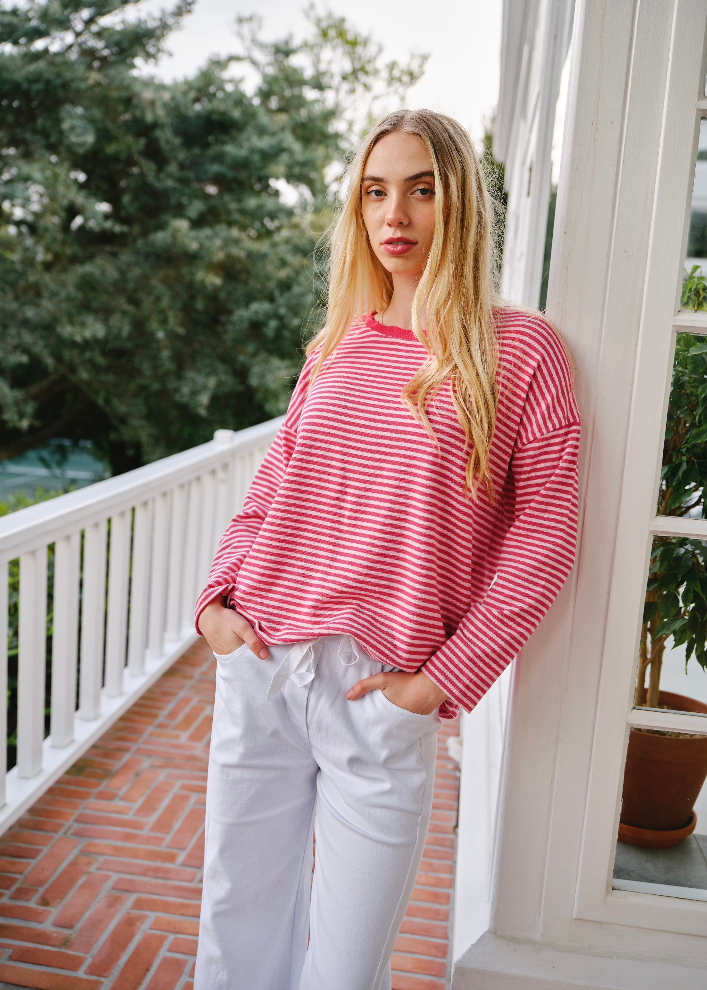 Bologna Italian Crew Neck Long Sleeved Striped Cotton Tee In Rose