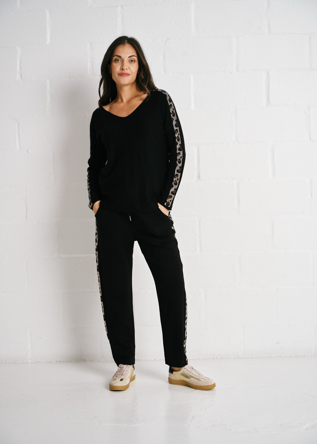 V Neck Knit, Diamanté Sleeve Edge In Black