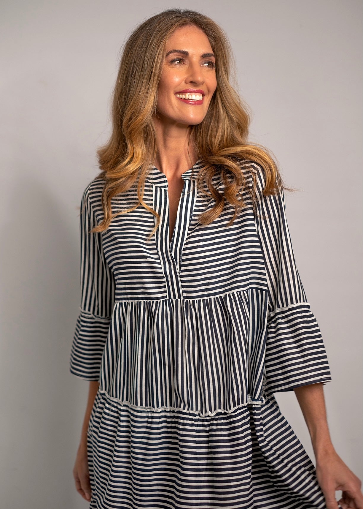 Loretta Dress In Black and White Pinstripe