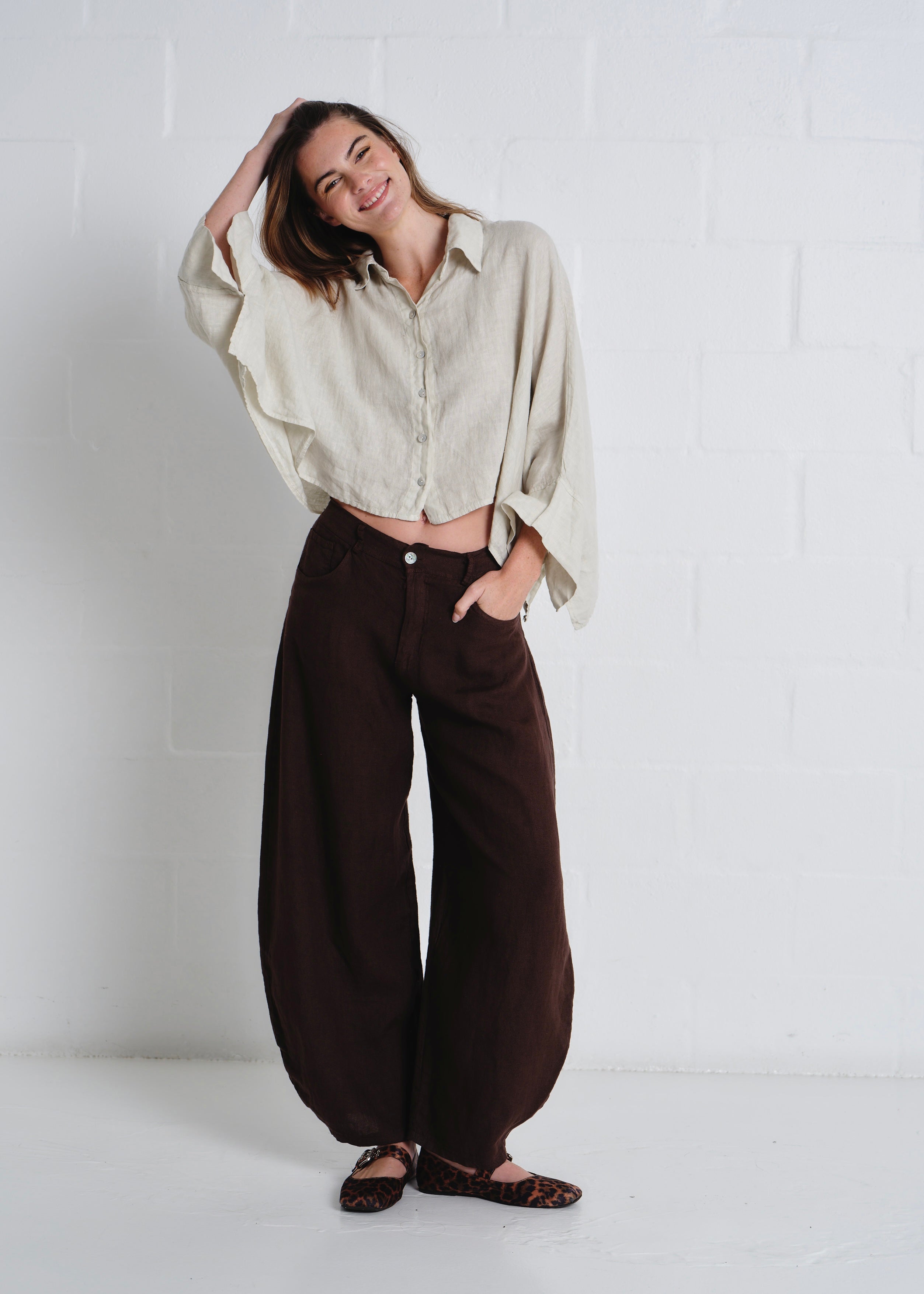 Lucca Italian Linen Batwing Shirt in Beige