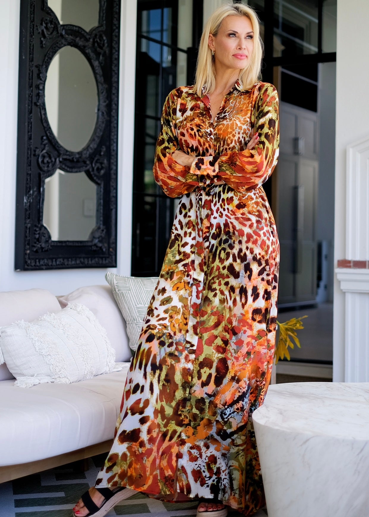 Aurora Maxi Dress With Animal Print In Apricot And Brown