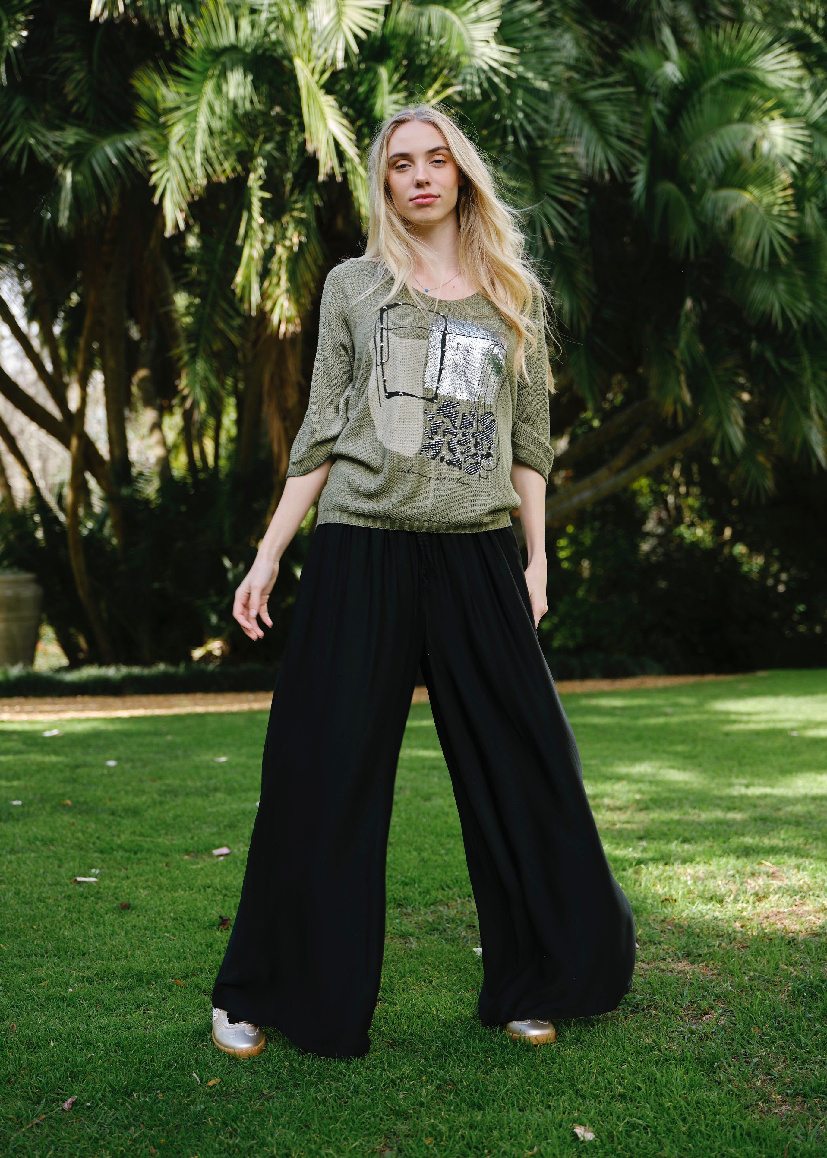 Satin Feel Palazzo Pants With Drawstring In Black