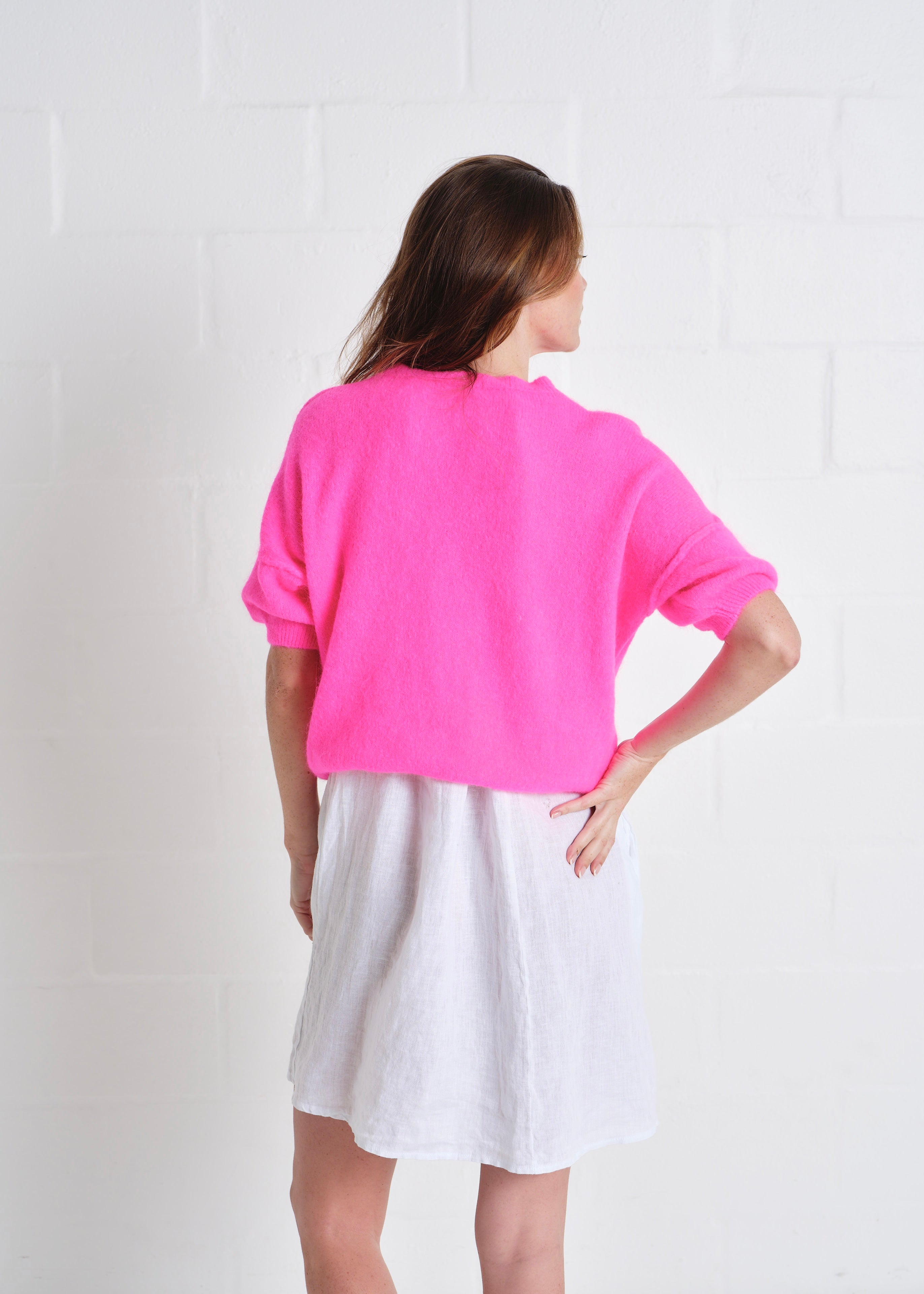 Dolly SS Round Neck Knit In Luminous Pink