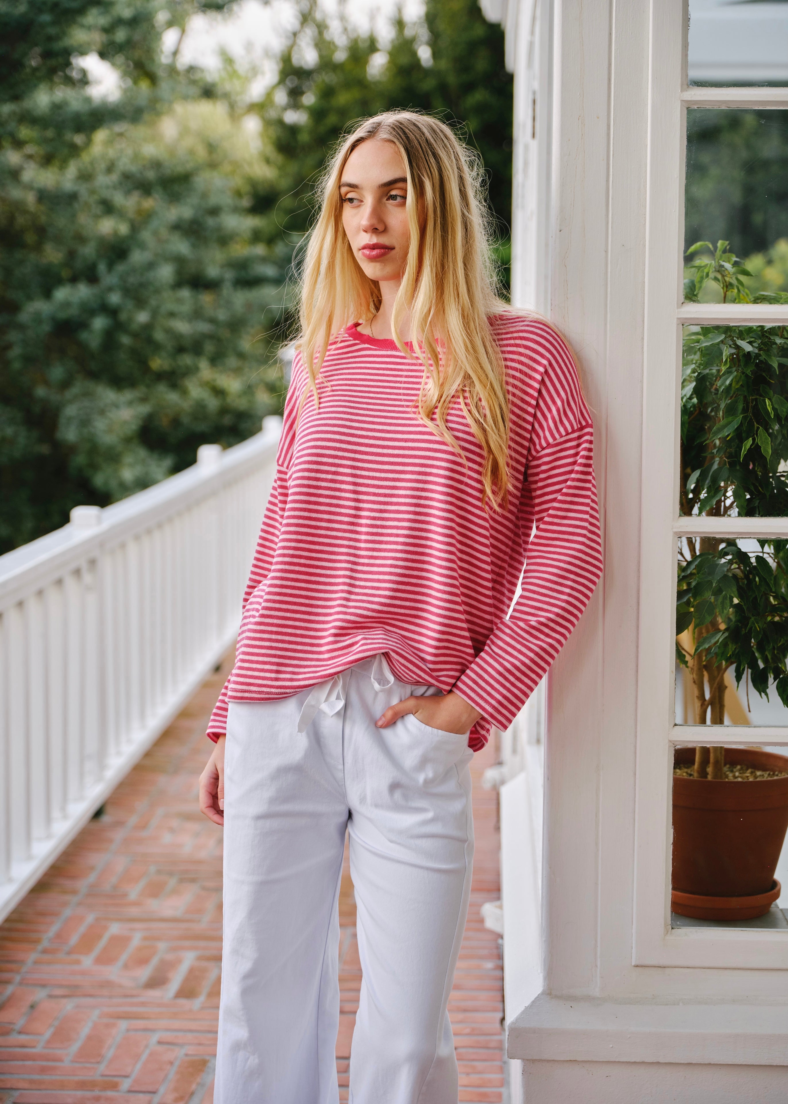 Bologna Italian Crew Neck Long Sleeved Striped Cotton Tee In Rose