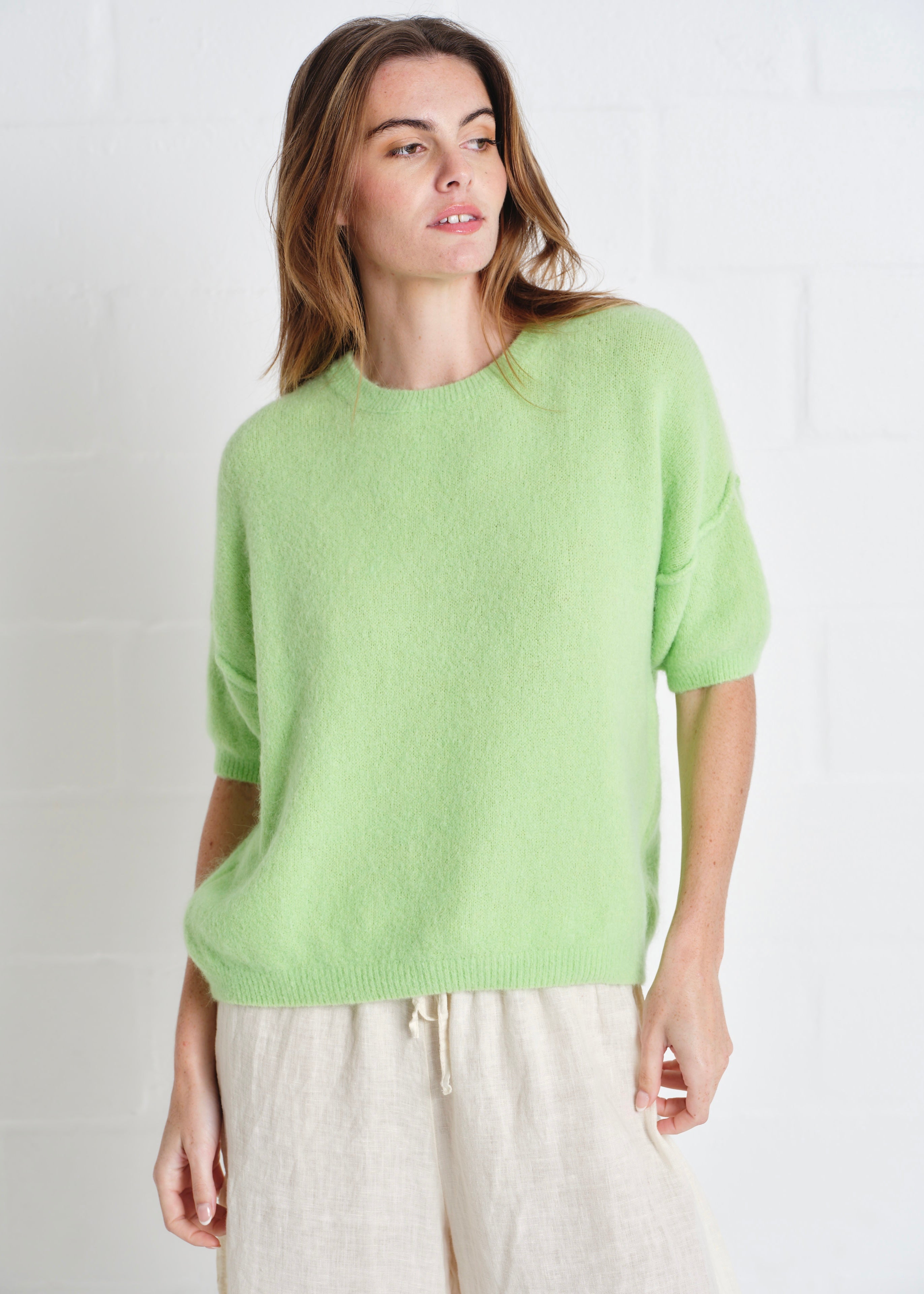 Dolly SS Round Neck Knit In Lime Green