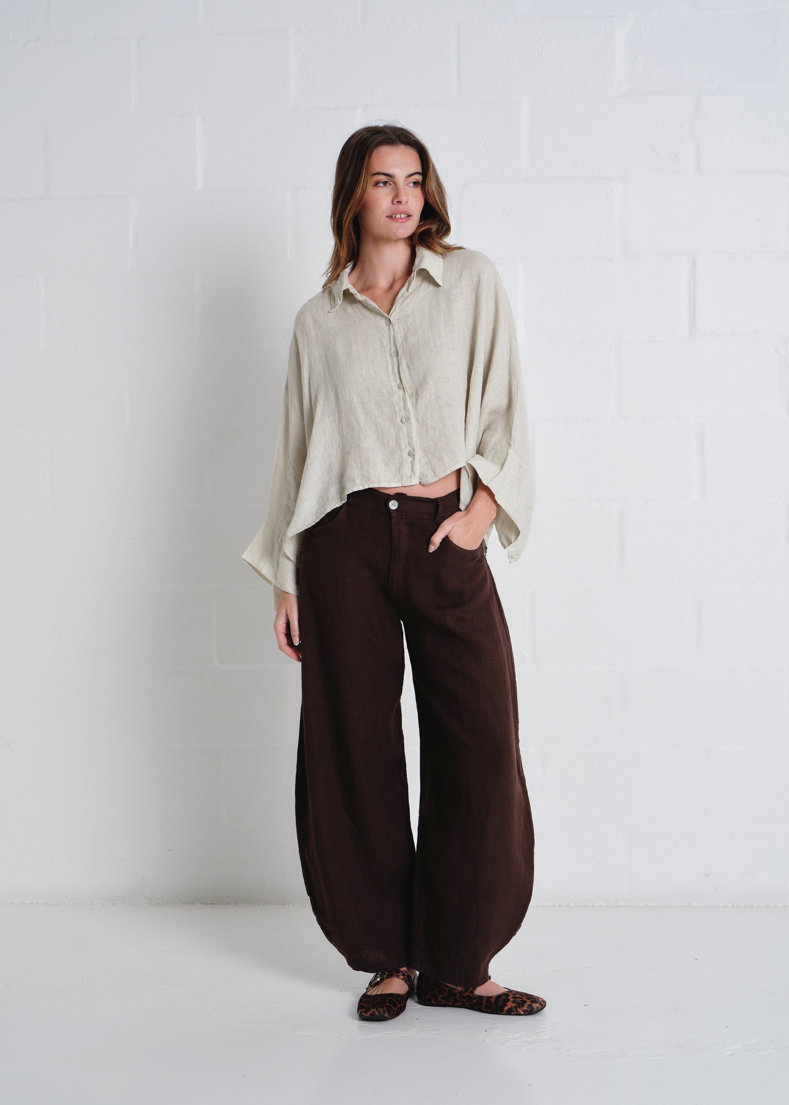 Lucca Italian Linen Batwing Shirt in Beige