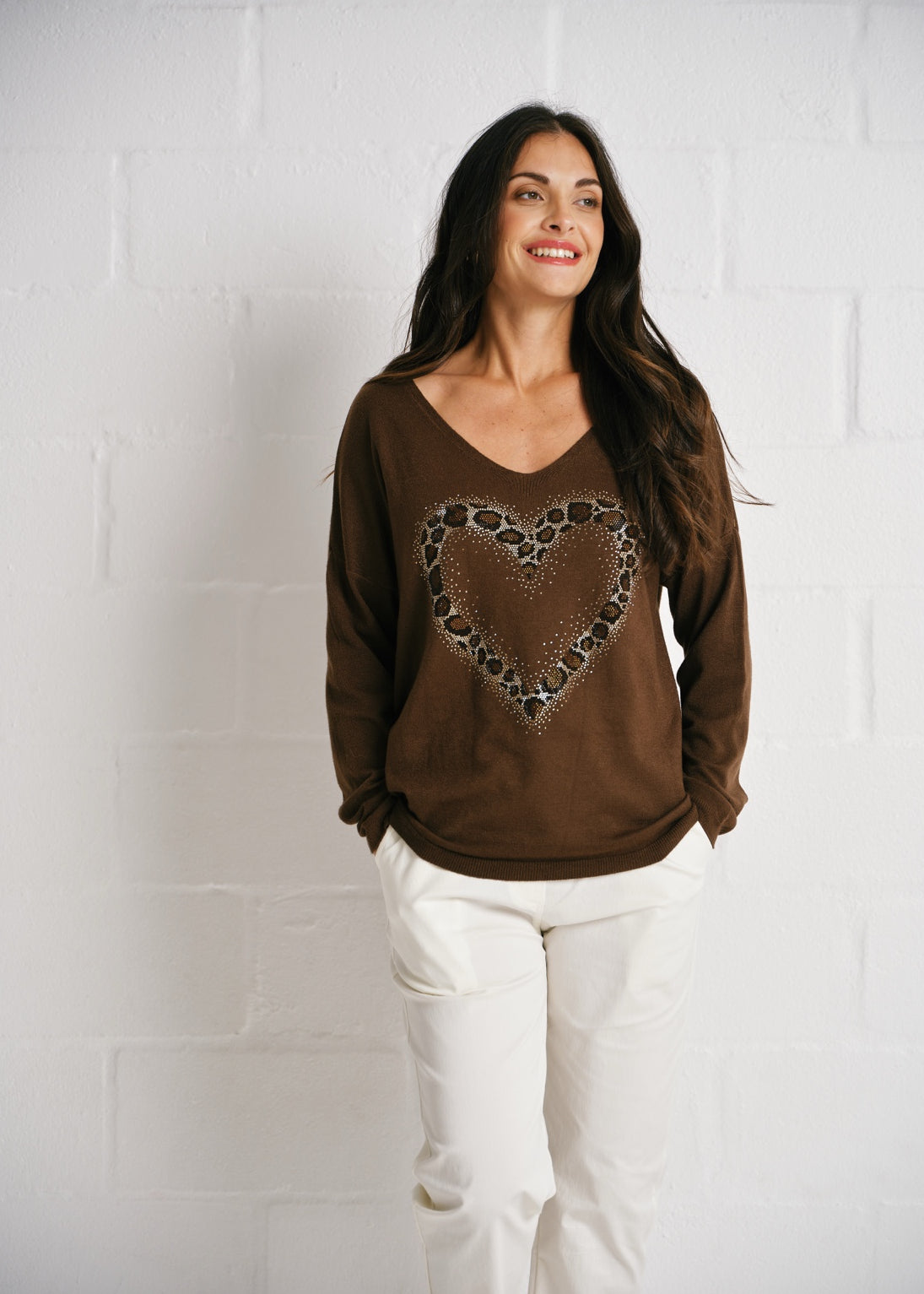Oversized V Neck Knit, Diamanté Heart In Coffee