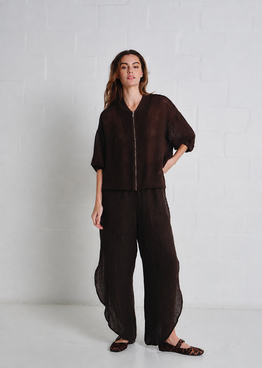 Saint Tropez Crochet Zip Up Jacket In Chocolate