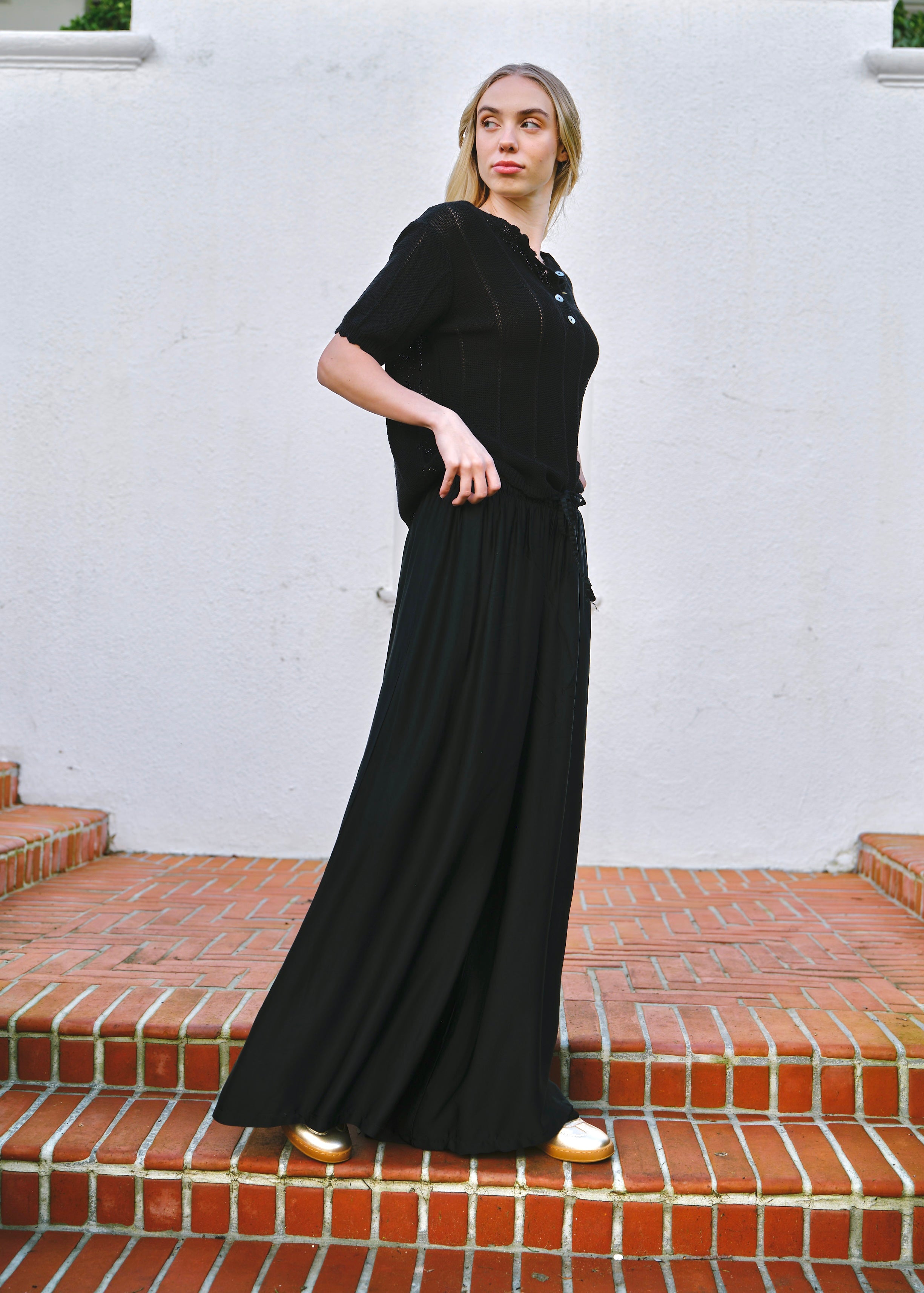 Satin Feel Palazzo Pants With Drawstring In Black
