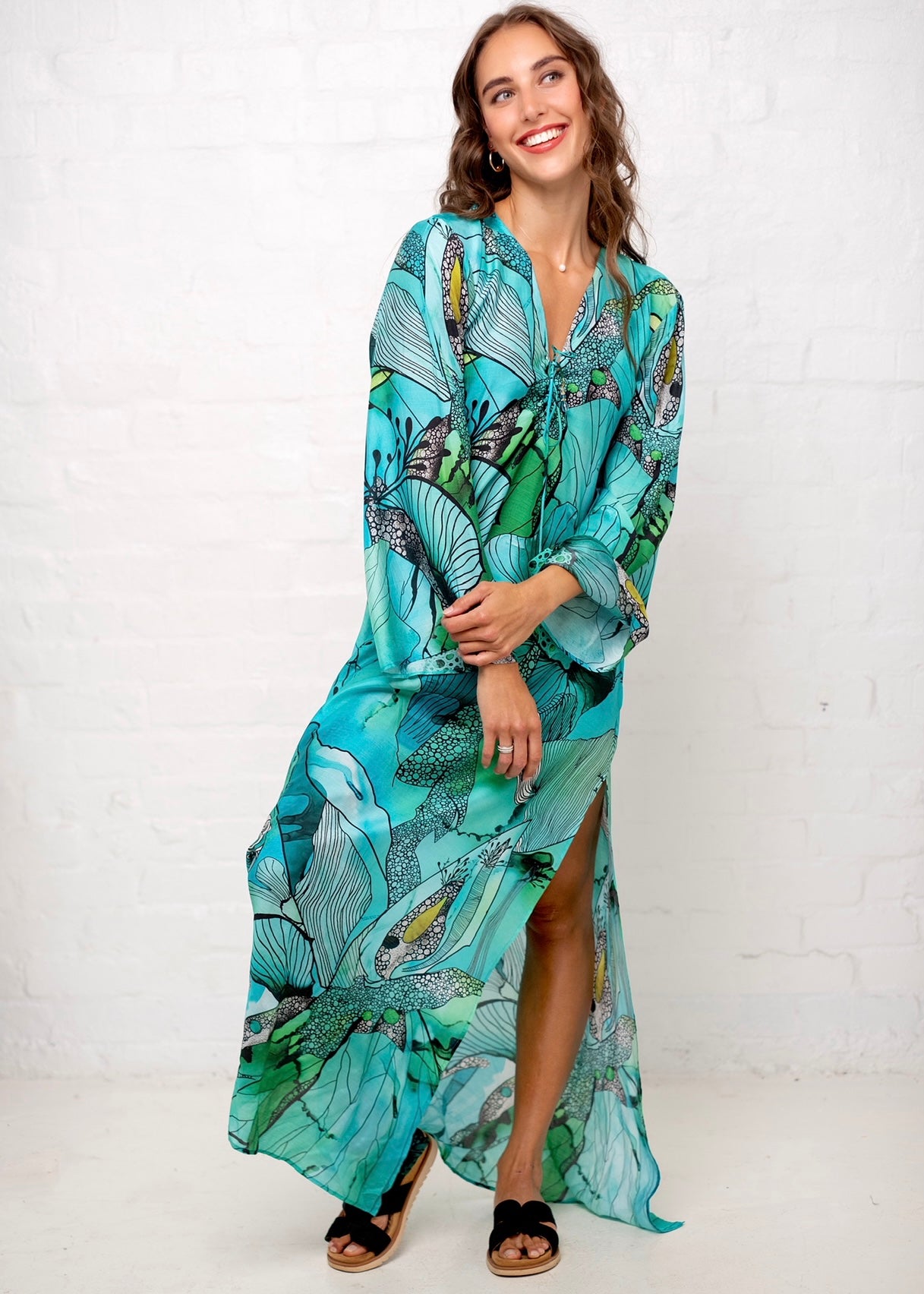Lanira Dress in Green and Turquoise Flower Print