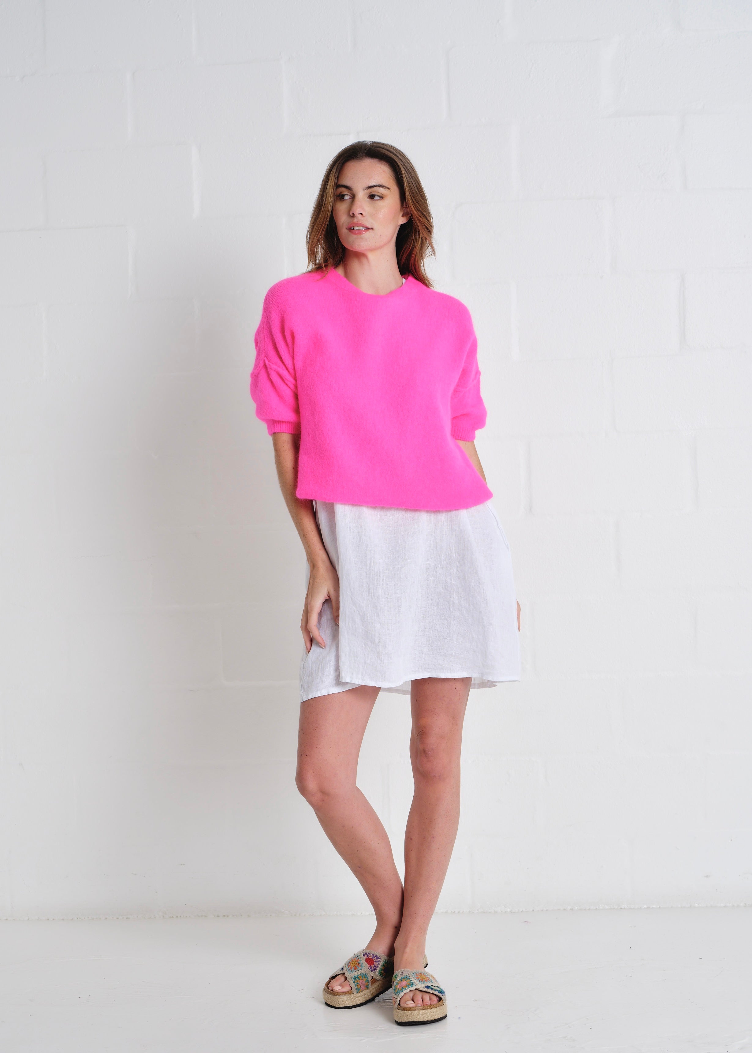 Dolly SS Round Neck Knit In Luminous Pink