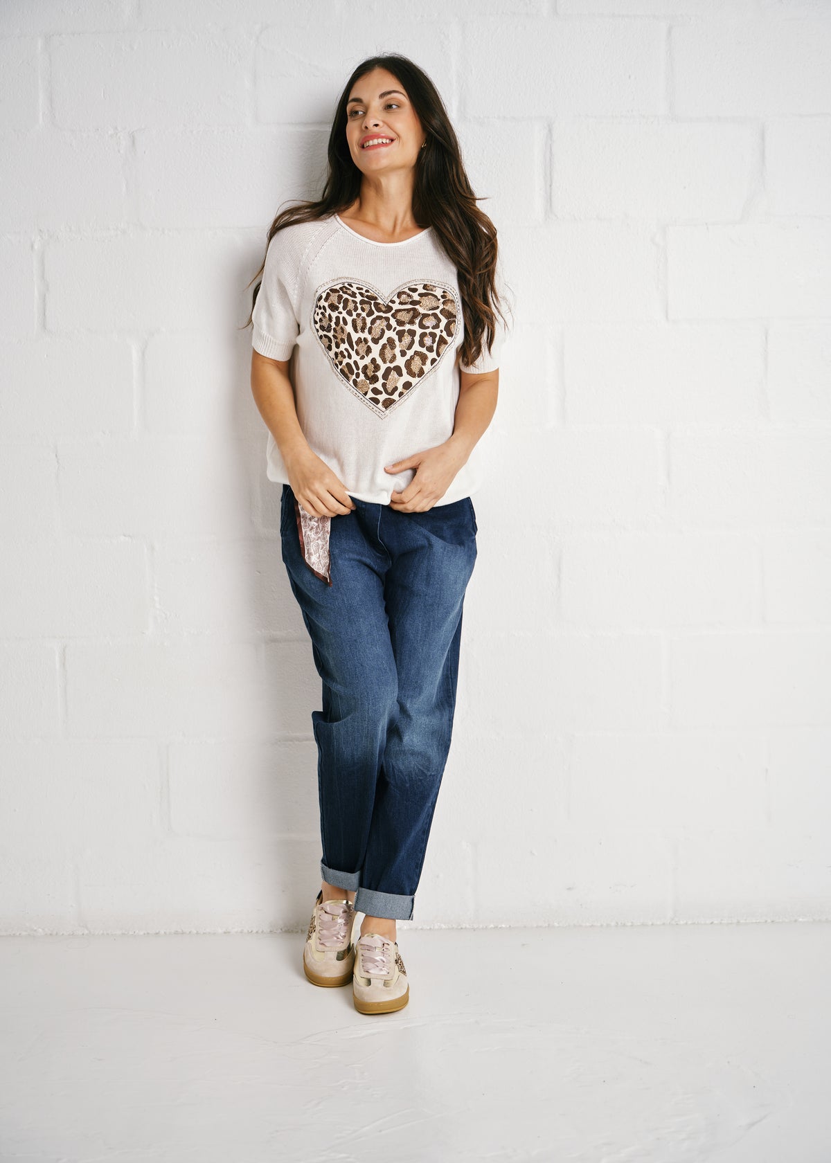 Bellagio Italian Leopard Heart Knit Top In White
